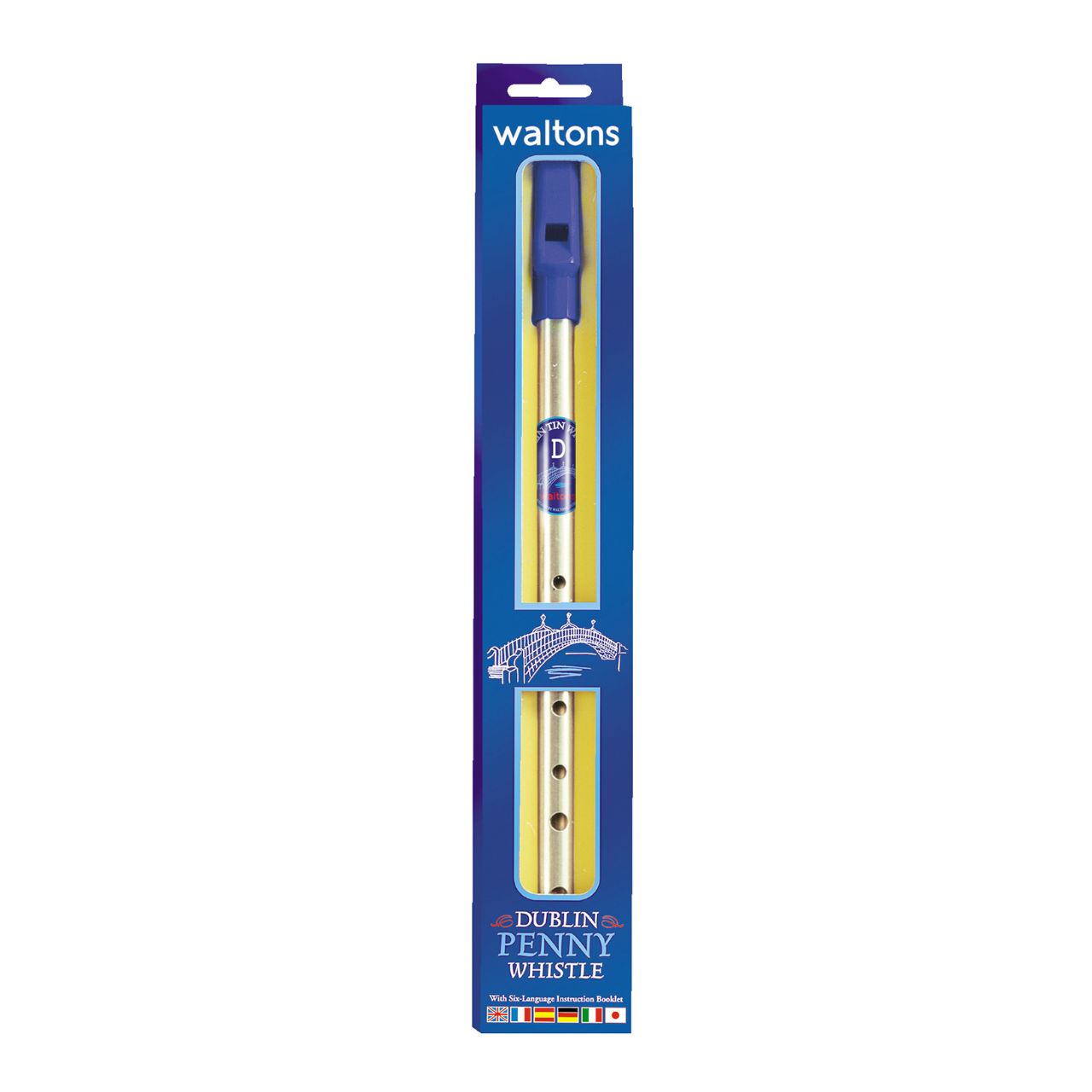 Contains Dublin brass D whistle and six-language instruction leaflet (English, French, Spanish, German, Italian, Japanese) that includes 20 popular songs of Dublin and international tunes.