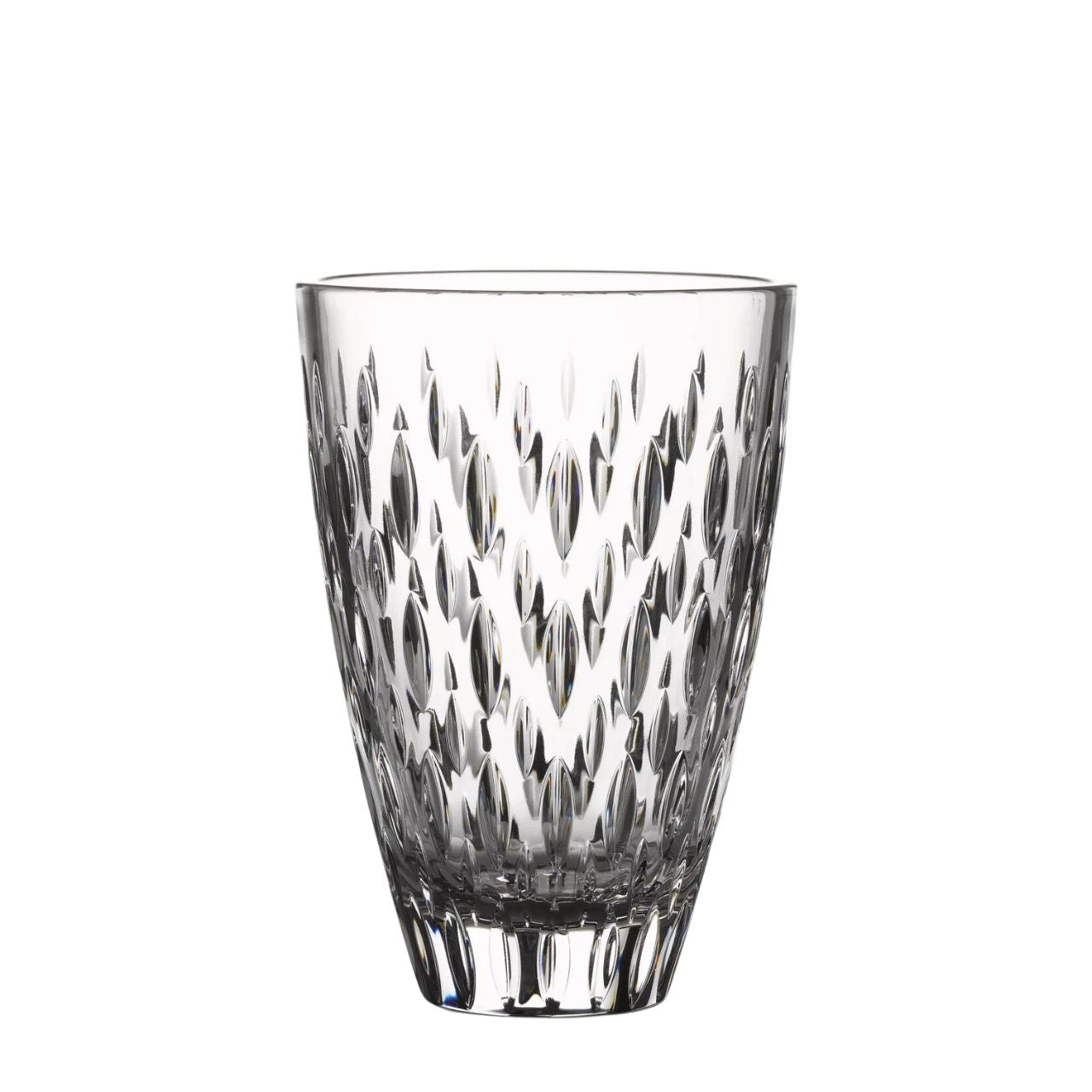 Ardan Enis 9" Vase by Waterford Crystal Inspired by the Blasket Islands, the Enis collection features a scattered geometric design of deep wedge cuts. A modern collection, perfect for every day use. This Waterford Crystal Enis 9" Vase is an elegant way to display a beautiful bouquet of flowers.