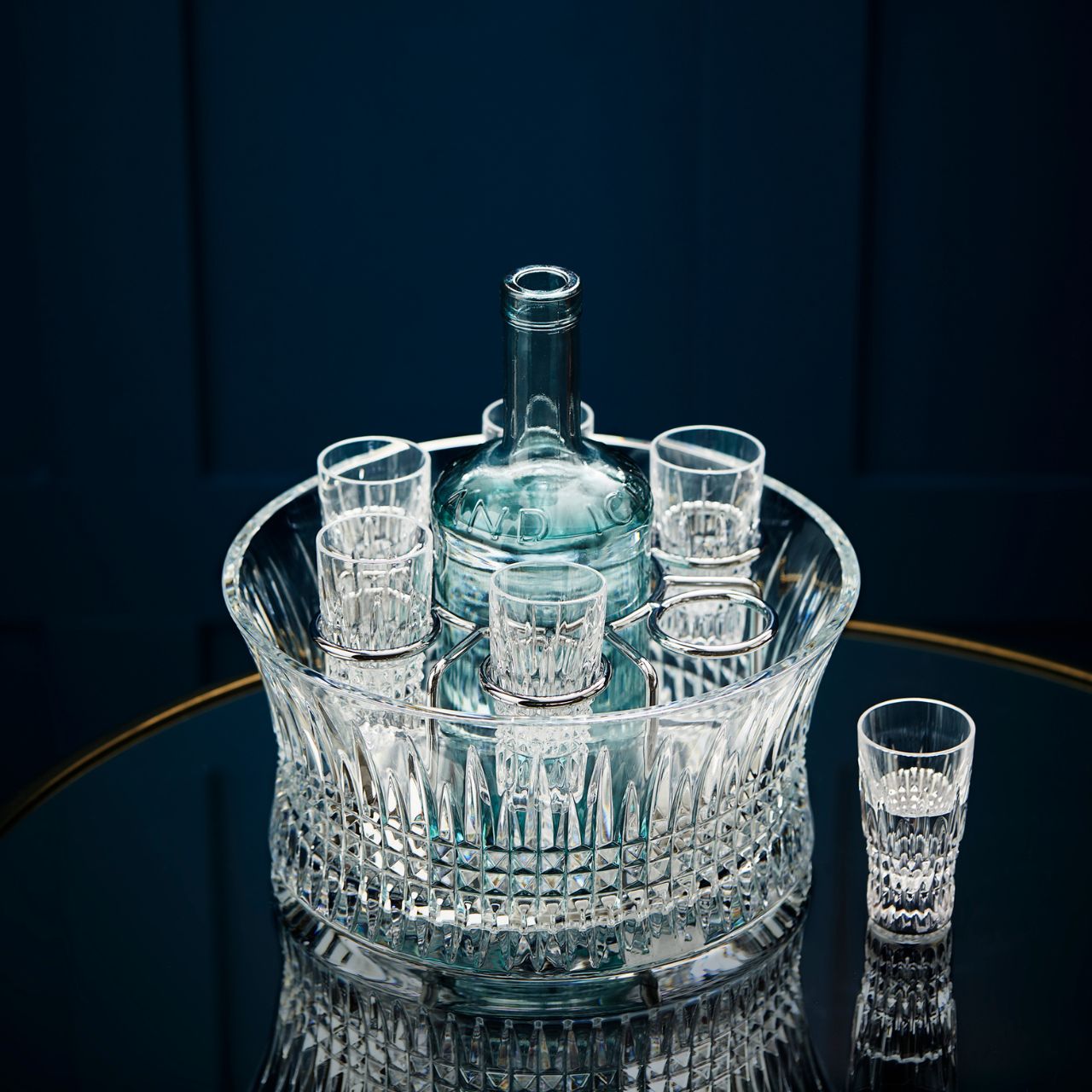 Waterford Crystal Lismore Diamond 7 Pce Vodka Set with Chill Bowl The Lismore Diamond pattern is a strikingly modern reinvention of the Waterford classic, characterised by intricate diamond cuts rendered in radiant fine crystal.