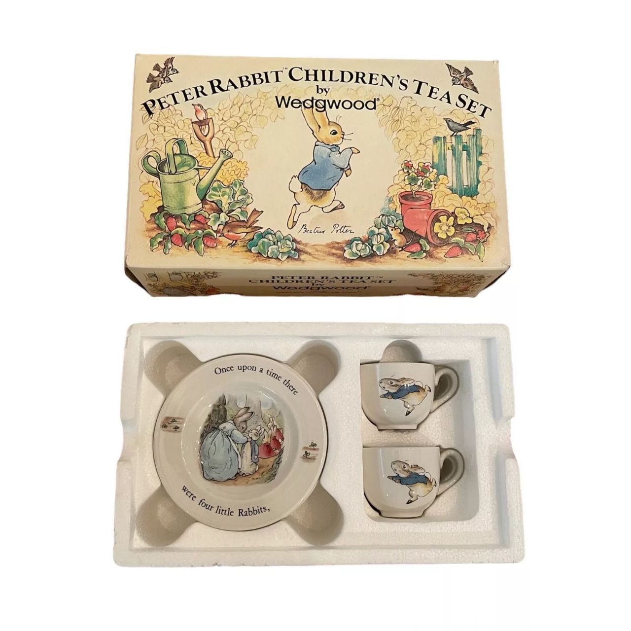 Experience the charm of Beatrix Potter's beloved character, Peter Rabbit, with our Vintage porcelain Children's Tea Set by Wedgwood. This 6 piece set includes a 2 Plates, 2 Teacups & 2 Saucers, all adorned with delicate illustrations and crafted with renowned Wedgwood quality.