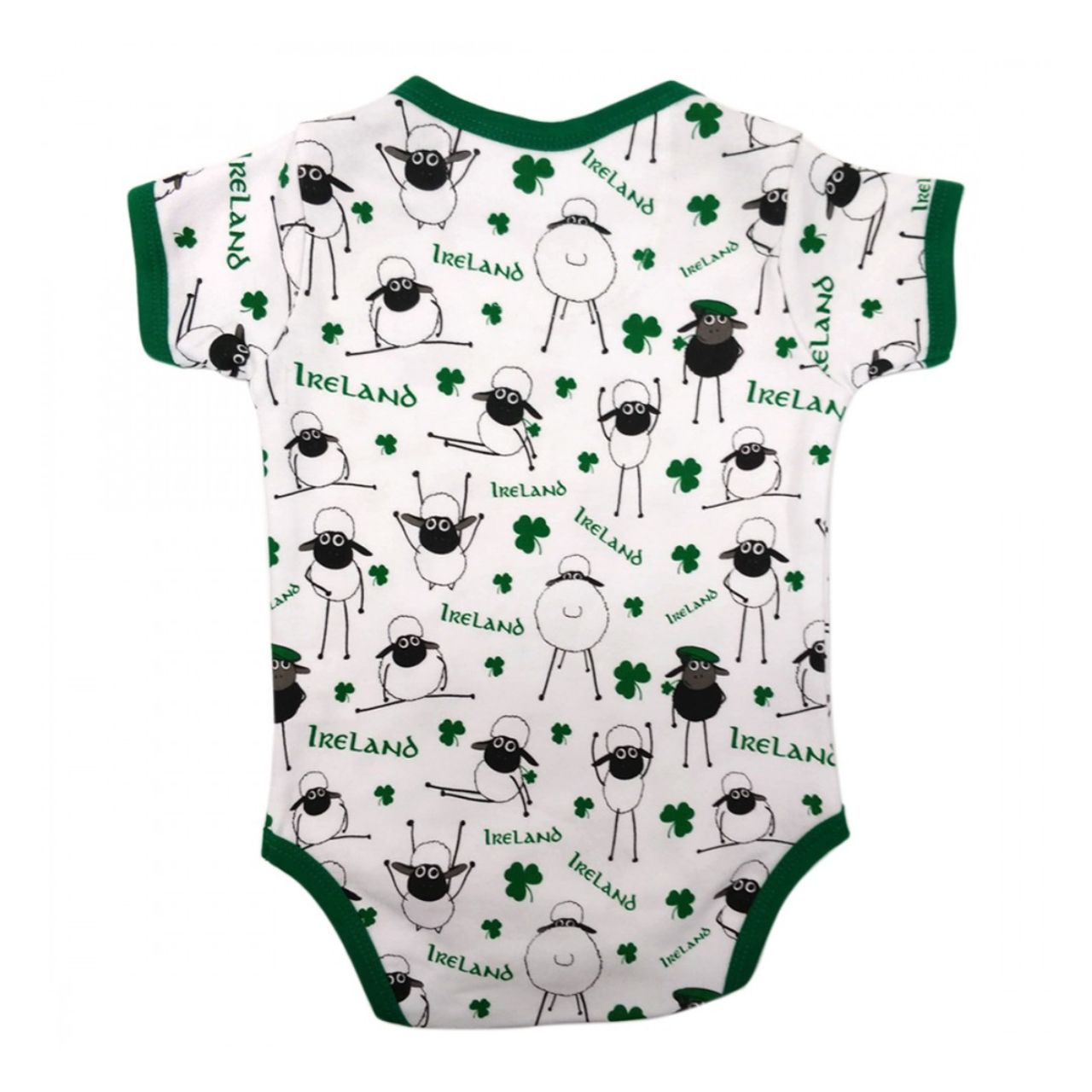 White & Green Overall Printed Sheep Baby Vest This white and green baby vest is part of the Traditional Craft Official Collection. This white cotton vest has an emerald green trim on the neck, sleeves and bottom. The vest is designed with an over all print of sheep, shamrocks & Ireland logo's from the Flaherty Flock range.