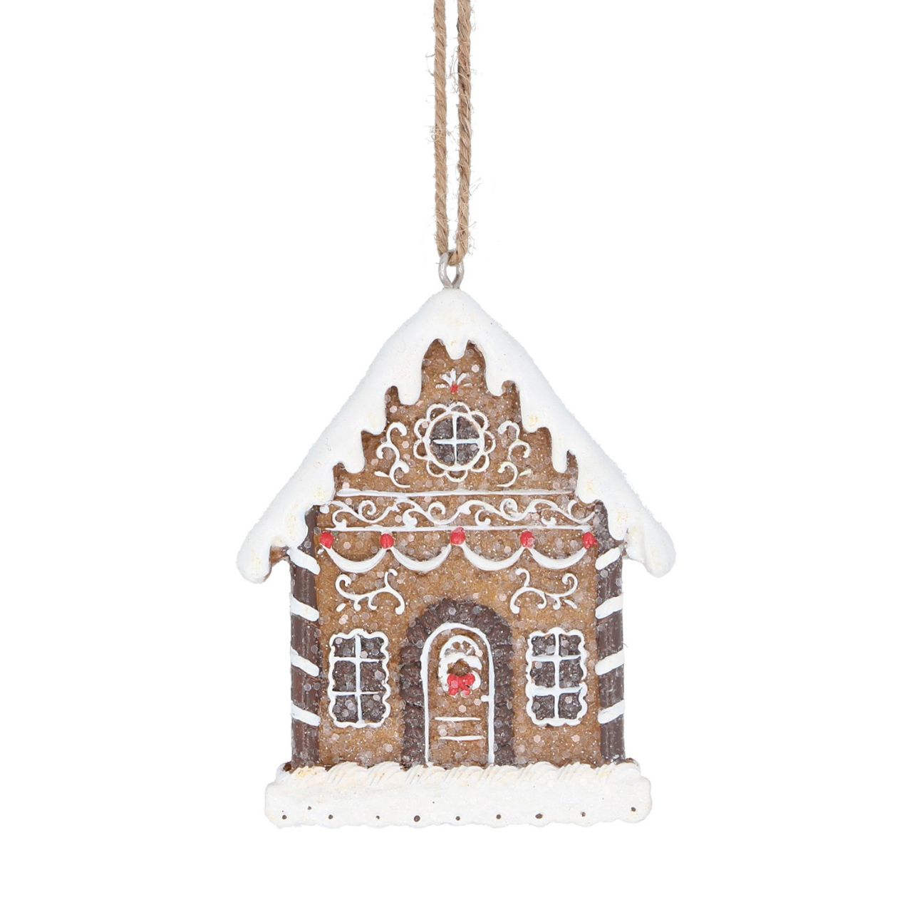 Gisela Graham White Iced Gingerbread House Christmas Hanging Ornament This festive White Iced Gingerbread House Christmas Hanging Ornament from Gisela Graham is the perfect addition to any holiday decor. Made from durable polyresin, the intricate details and intricate icing make it a timeless piece that will stand the test of time. Hang this ornament and bring joy to your home this holiday season.