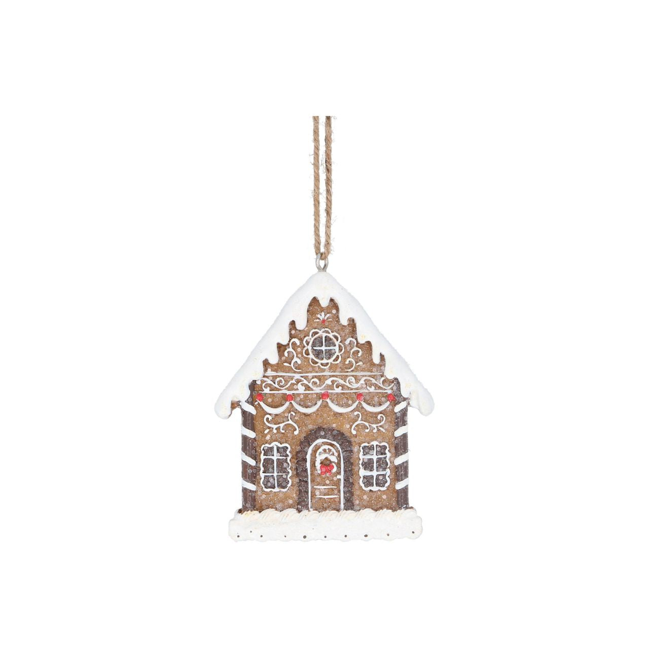 Gisela Graham White Iced Gingerbread House Christmas Hanging Ornament This festive White Iced Gingerbread House Christmas Hanging Ornament from Gisela Graham is the perfect addition to any holiday decor. Made from durable polyresin, the intricate details and intricate icing make it a timeless piece that will stand the test of time. Hang this ornament and bring joy to your home this holiday season.