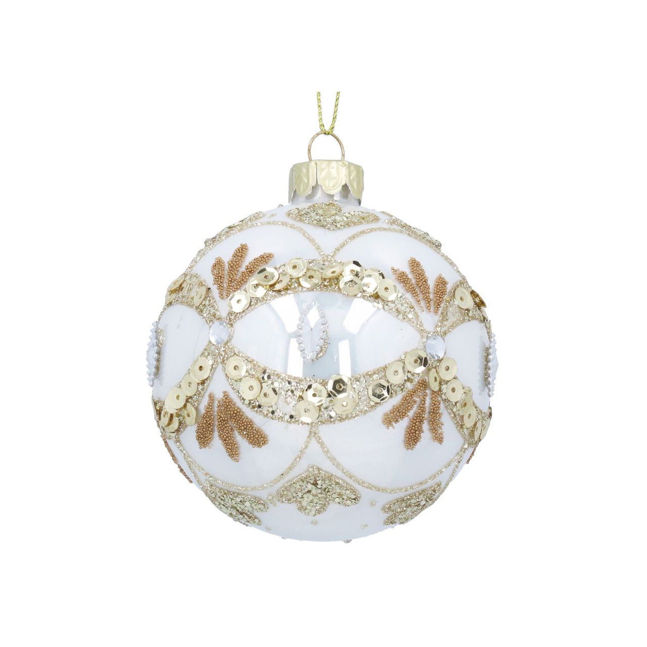 Elevate your holiday décor with the Gisela Graham White Pearl with Gold Scallops Christmas Bauble. This elegant glass ornament features a lustrous white pearl finish delicately accented by shimmering gold scalloped detailing.