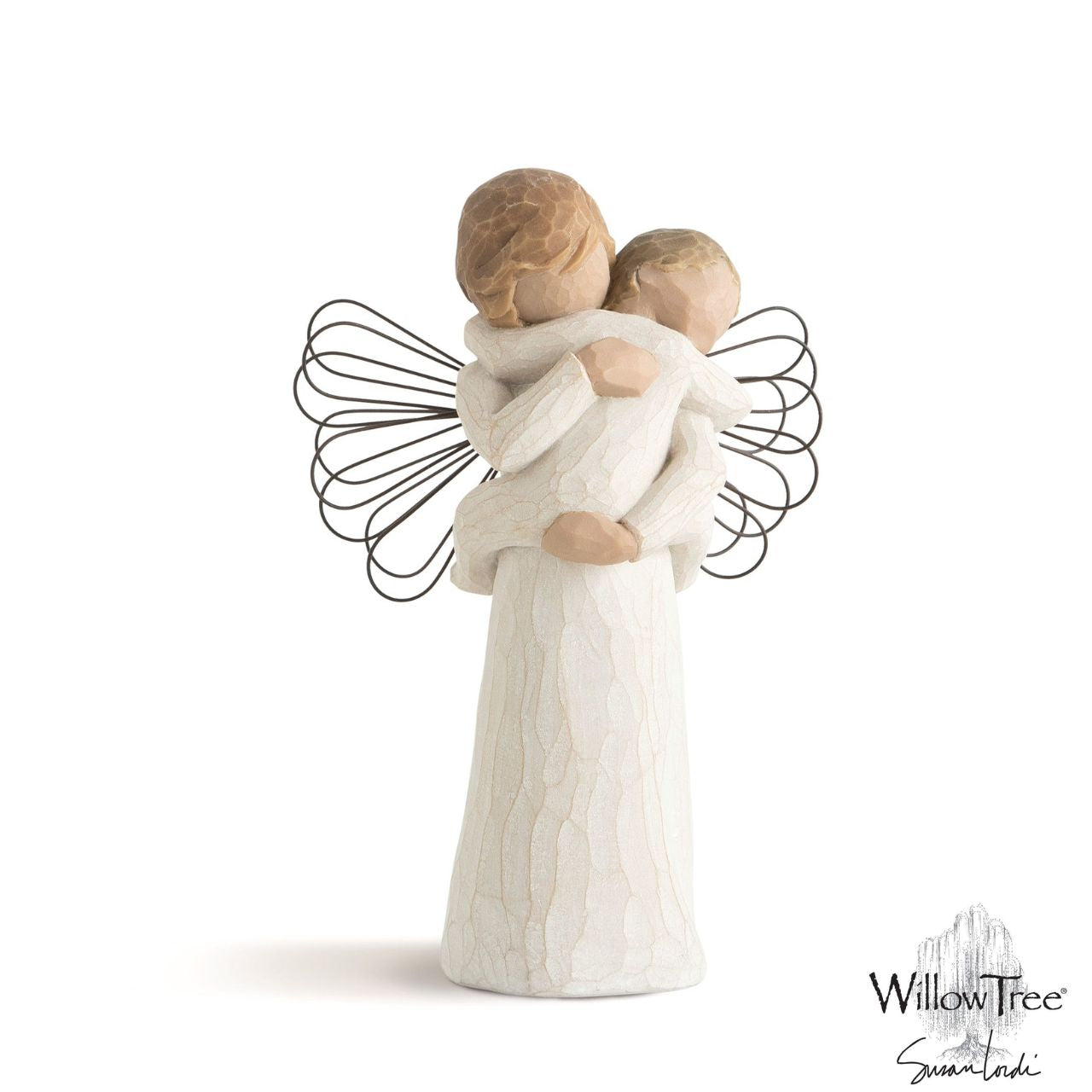 Angel's Embrace by Willow Tree Willow Tree is an intimate line of figurative sculptures representing sentiments of love, closeness, healing, courage, hope...all the emotions we encounter in life. "This piece can be about the feeling you get from holding a child, or the child can represent something you want to protect... a person, a memory, a relationship, a dream, a belief..." - Susan Lordi.