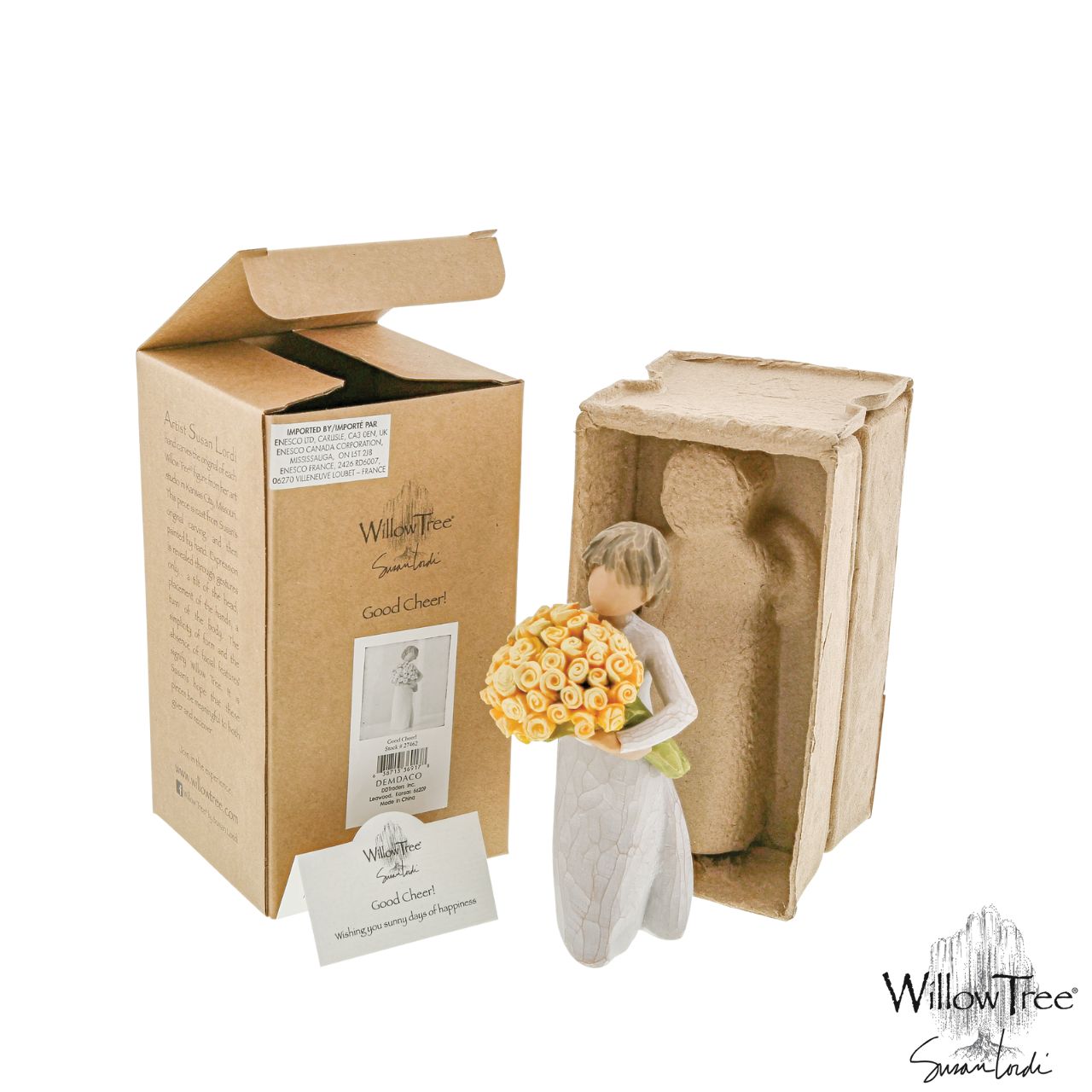 Good Cheer - Wishing you sunny days of happiness by Willow Tree We often offer wishes for much happiness to those we care for and about; friendly intentions given with joy and hopefulness. Good Cheer reflects a sentiment of positive enthusiasm with its big bouquet of sunny yellow roses—symbolizing friendship, optimism and well-being.