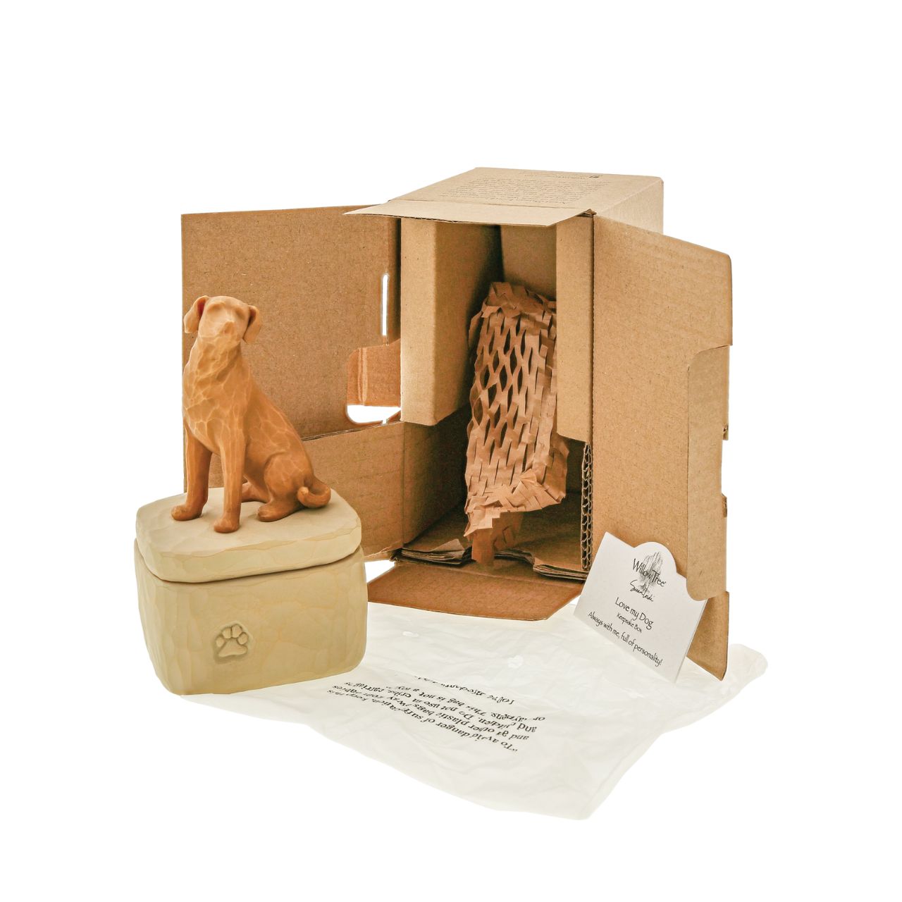 Love my Dog (Golden) Box by Willow Tree A gift for those who love dogs and treasure their companionship. Keepsake Boxes are small, sweet places to keep jewellery, accessories, notes. Inside, the bottom of this box reveals the sentiment, "Always with me, full of personality".