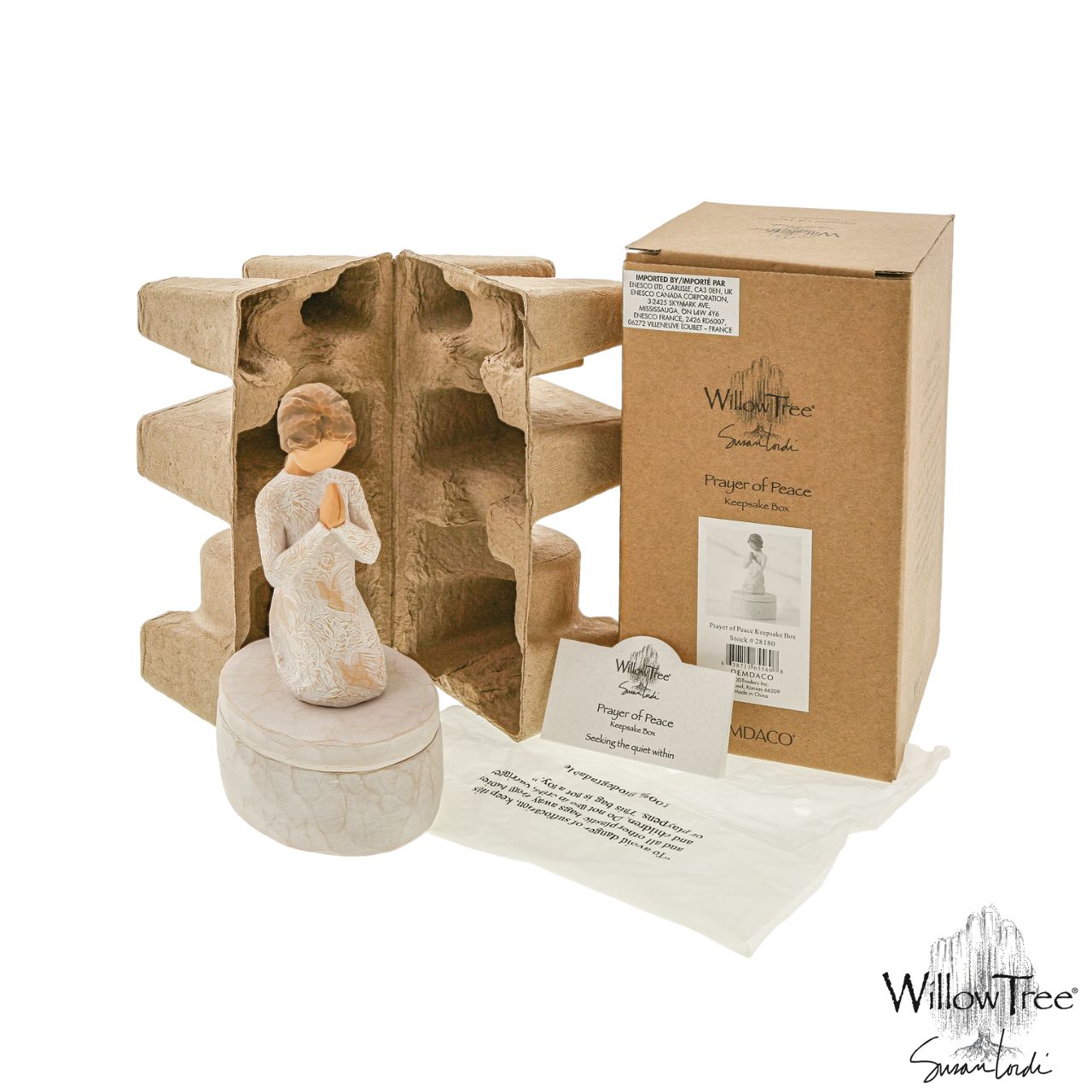 Prayer of Peace Keepsake Box by Willow Tree ''I wanted this figure to be a humble piece, but very centering, calming, peaceful .. with a universal gesture of meditative thought. The surface of her dress is carved with texture and patterns of living natural forms. Even though this is a quiet piece, I wanted the imagery to be very alive with movement - to have an inner energy of life.'' - Susan Lordi.