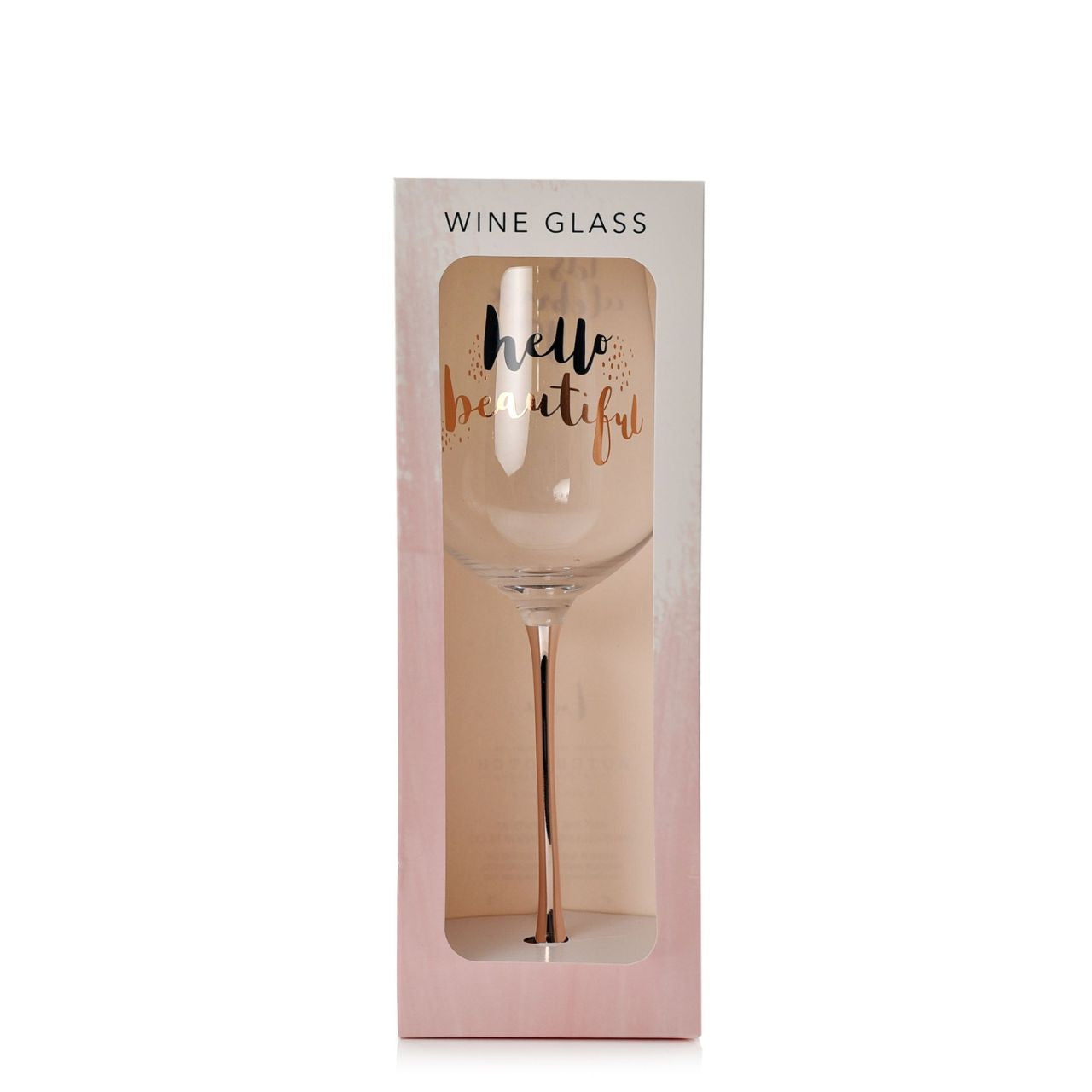 Hotchpotch Luxe Wine Glass - Hello Beautiful  With a sweet 'hello beautiful; title and stunning rose gold foil features, this wine glass is sure to put a smile on a special someone's face.