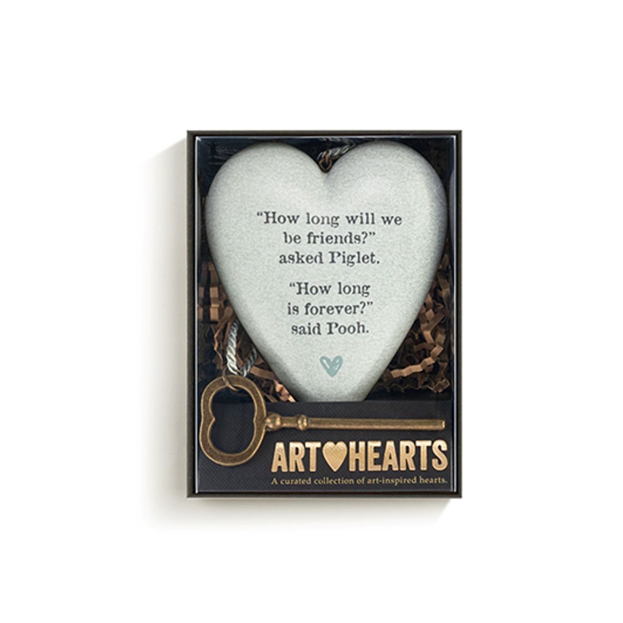 This heart-shaped ornament features a quote from Winnie the Pooh and Piglet about friendship's enduring power. Its simple yet striking design makes it a lovely gift for a treasured friend or loved one.