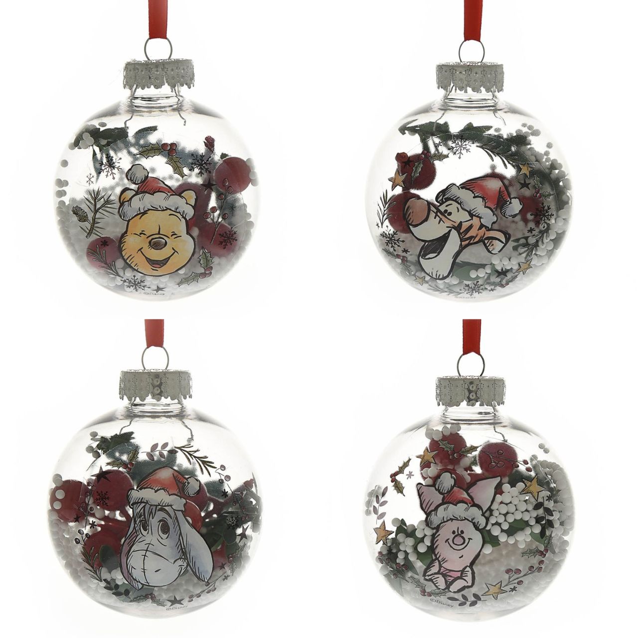 Christmas Baubles Winnie the Pooh Set of 4 Make any tree a little more special this year by welcoming the warmth of Winnie the Pooh into the home. With heart-warming illustrations of the most recognisable characters, this set of baubles is sure to bring a smile to any little one's face.