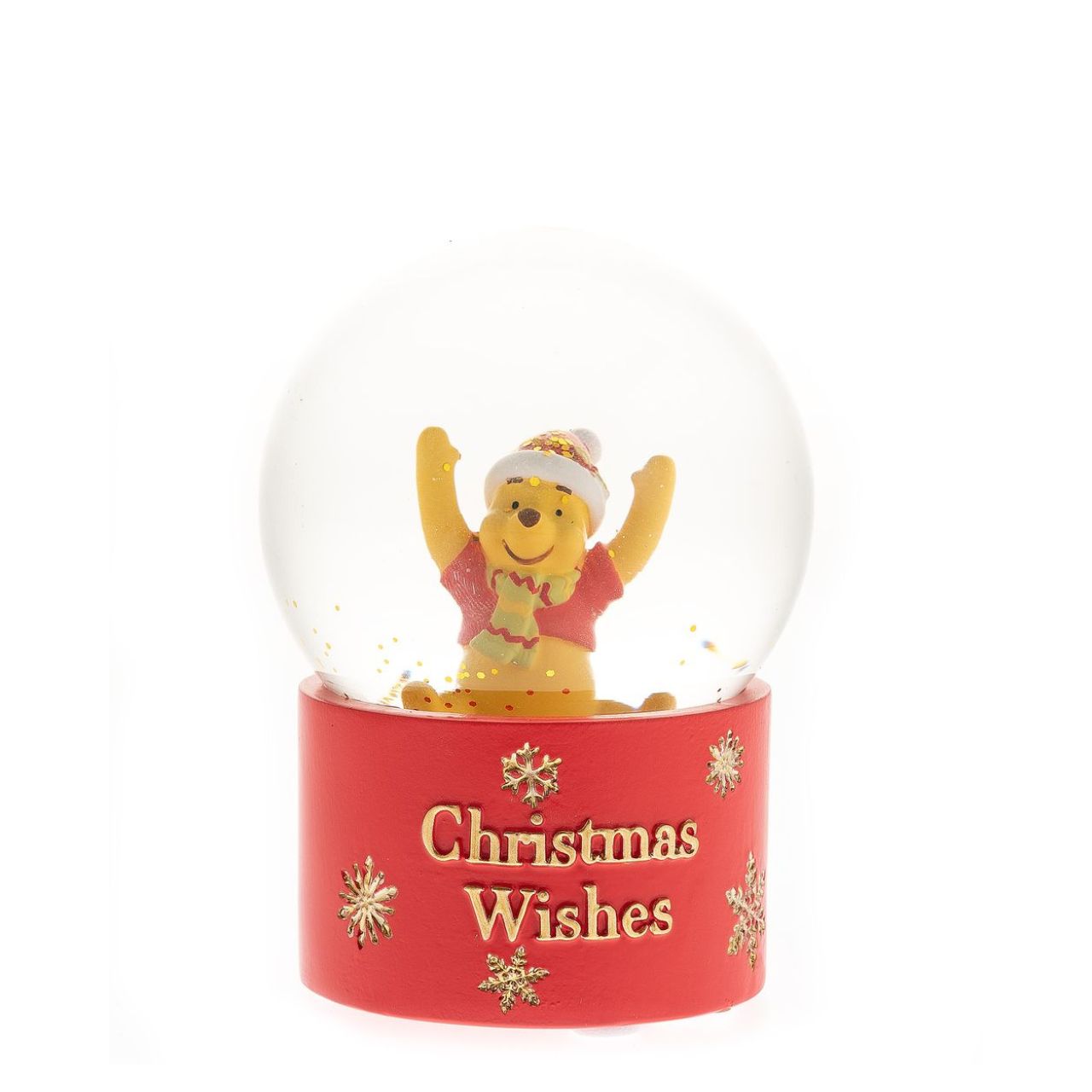 Winnie The Pooh Snowglobe 10cm "Christmas Wishes" This 'Christmas Wishes' Winnie the Pooh Snowglobe is a fun and festive way to spread cheer over the holiday season. With a characterful Winnie figurine and lots of gold glitter, this is sure to brighten any Disney fan's day.