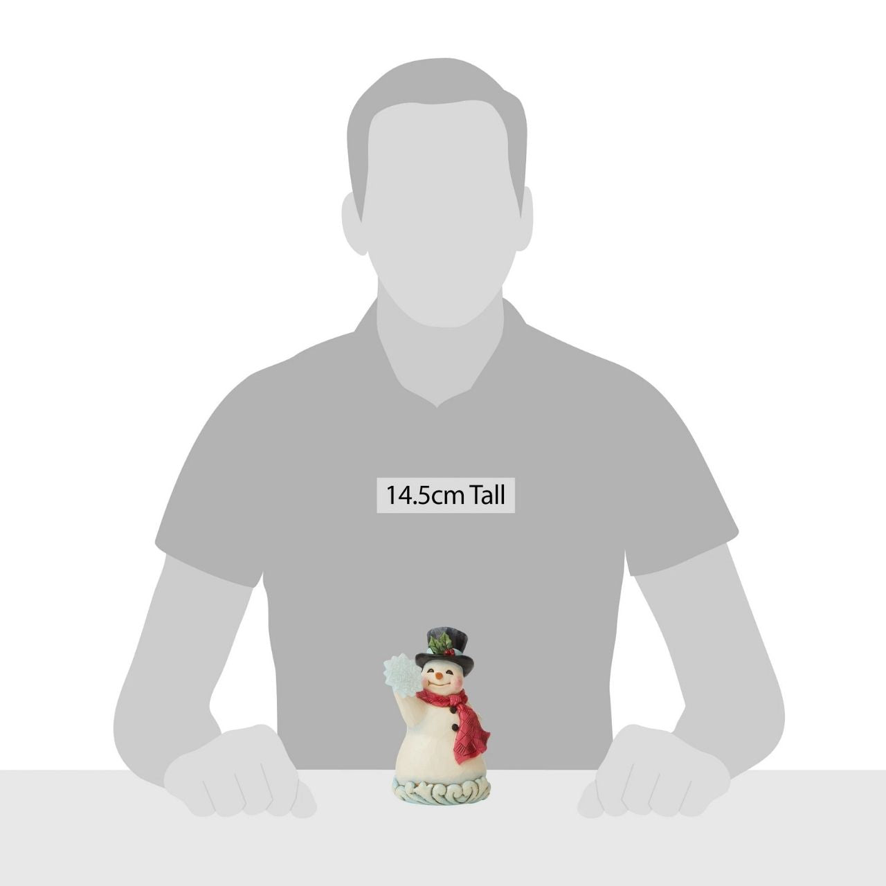 Winter Wonderland Small Snowman Figurine by Jim Shore "Winter's Simple Joys" This happy Snowman has been designed by Jim Shore as part of his Winter Wonderland collection. Wearing a sweet top hat, he is holding an acrylic snowflake to add to the feeling of snow and ice before added embellishments of glitter are added.