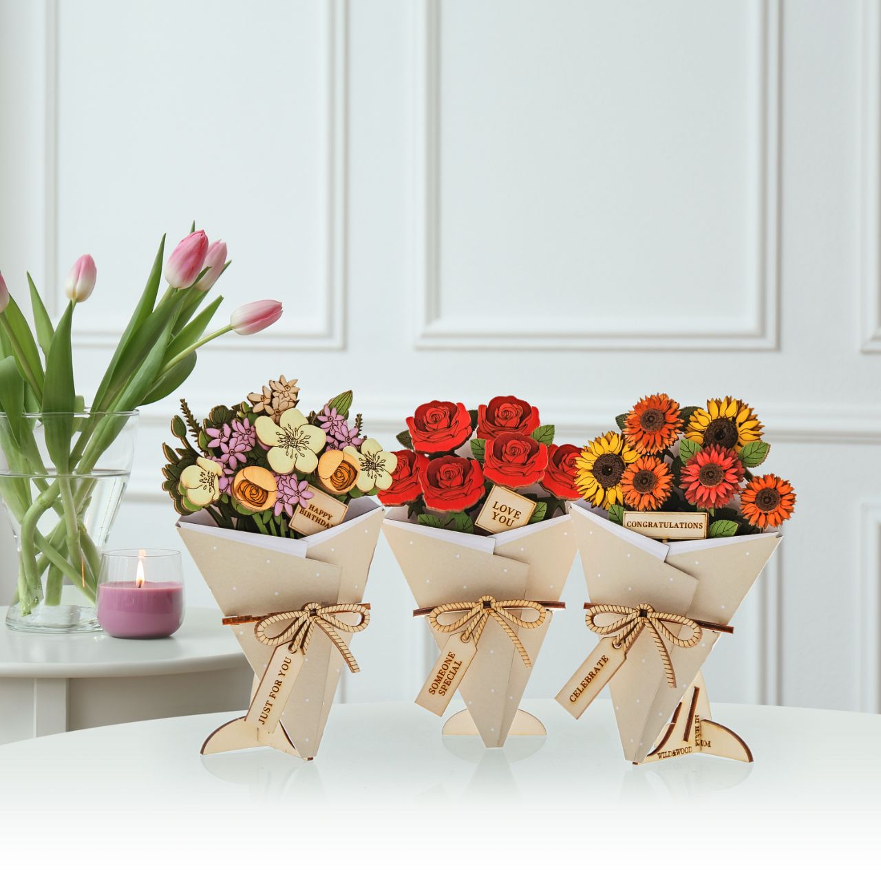 Surprise and delight someone with a beautiful bouquet figural card - Send them loads of love through the post with our letterbox inspired 3D figurine card..