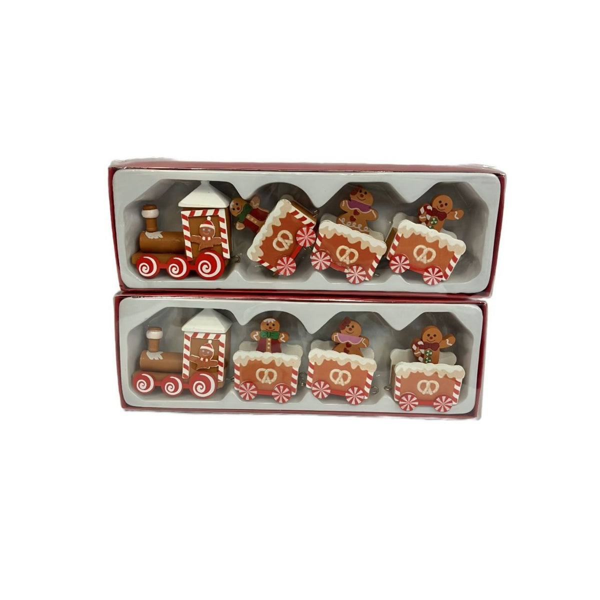 A wooden train made of gingerbread-style cookies - each piece features charming icing-look details and candy-cane accents, evoking home-made treats.