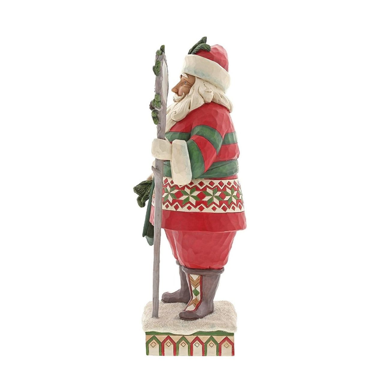Heartwood Creek Wonder in the Wilderness - Woodsy Santa by Jim Shore The delight is in the details with this handcrafted Santa figurine. Intricate quilt patterns and folk art motifs detail his festive red and green attire, and a closer look at the staff he holds reveals a charming winter cabin scene.