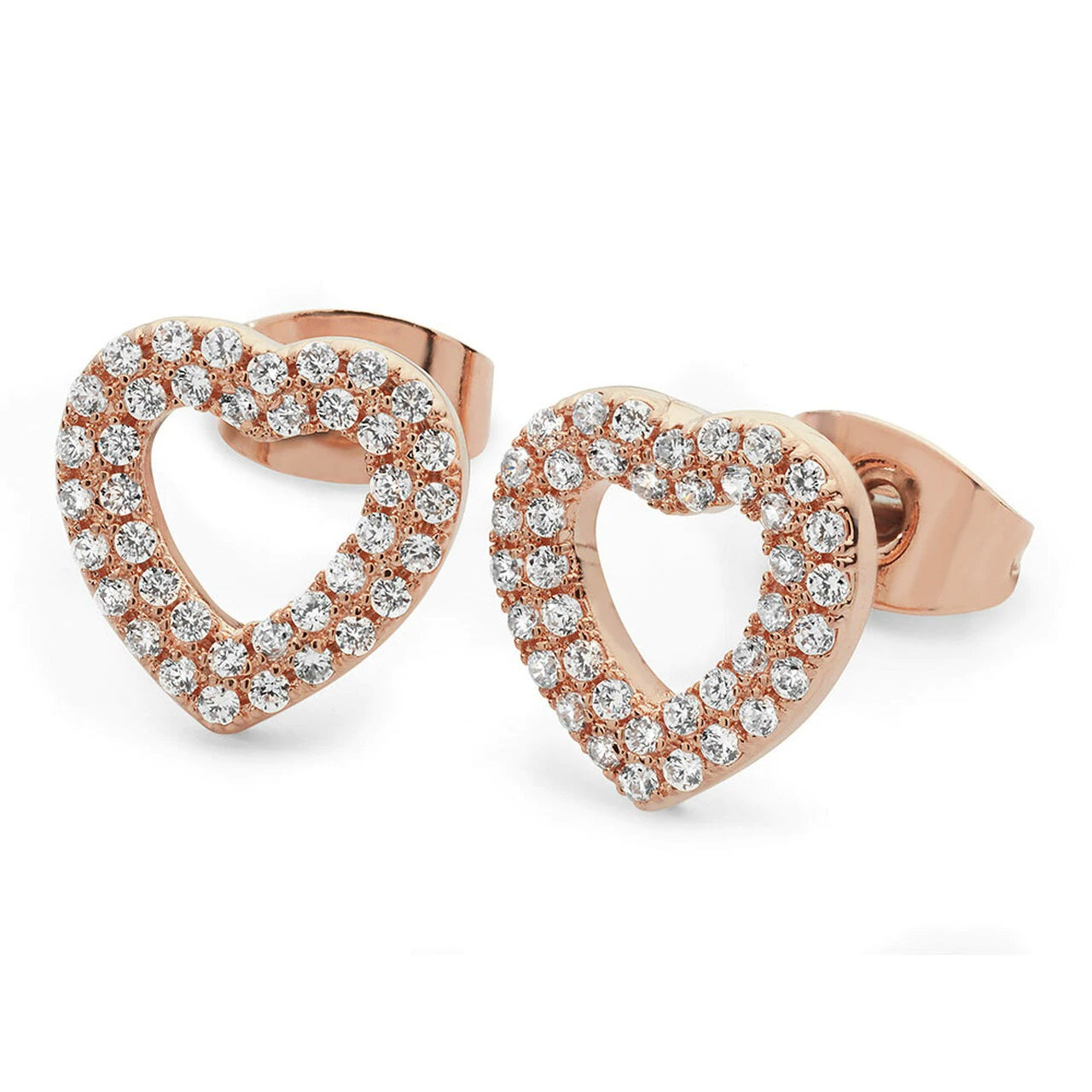Double Pave Heart Earrings Rose Gold by Tipperary Simple yet elegantly dazzling these clear stone open heart shaped stud earrings are the perfect partner to our double pavé pendant.
