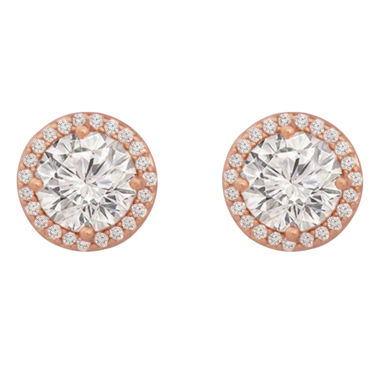 Perfect for day or evening wear, these elegant crystal post earrings will add sparkle with every turn of the head. Fashioned in romantic rose gold, each earring features a round cz stone, cut to sparkle and shimmer, wrapped in an embrace of tiny clear crystal accents. A radiant marriage of crystals and rose gold, brilliantly buffed these post earrings secure comfortably with push backs.