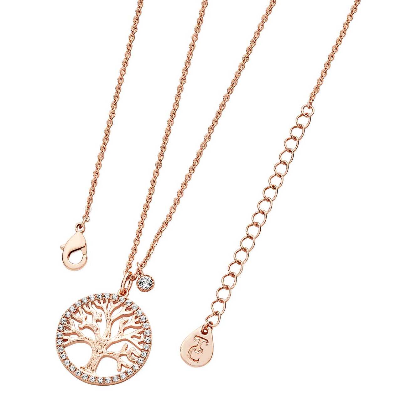 Tree Of Life Necklace & CZ Circumference Rose Gold by Tipperary Crystal Crafted in Rose Gold this piece is inset with thirty-seven stunning cubic zirconia crystals along the circumference. A single Crystal hangs from the chain, this piece is finished off with a lobster claw clasp and a 4cm extension chain with TC branded FOB.