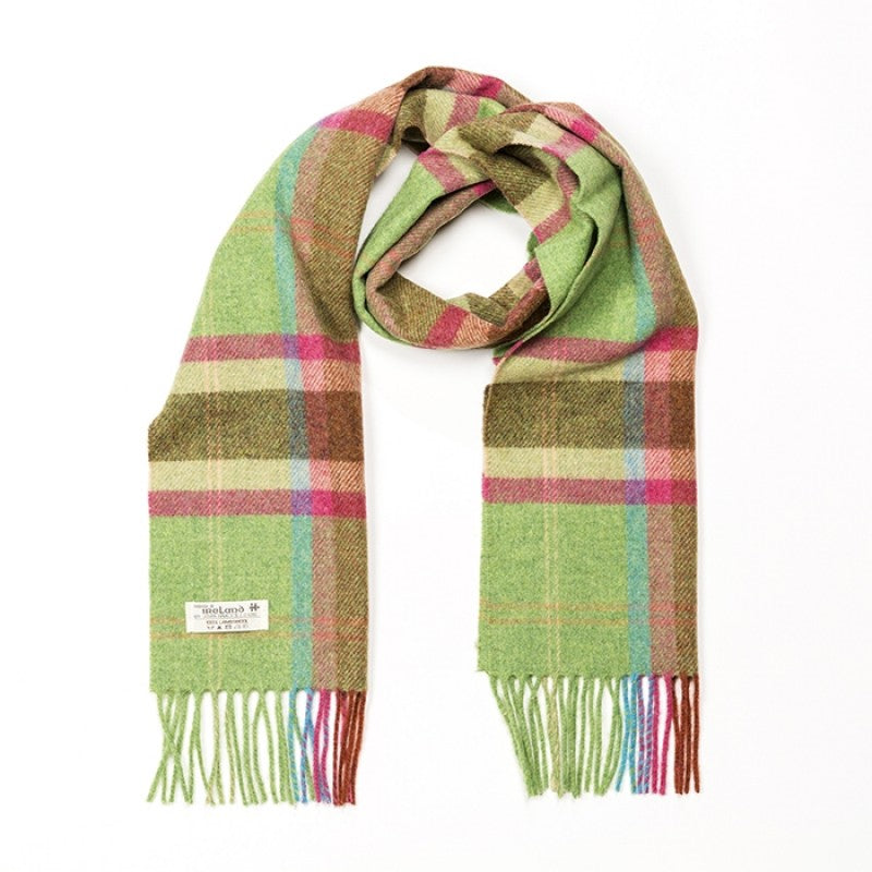 Irish Wool Scarf Short Light Green Rust and Pink Check