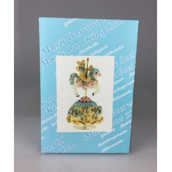 Music Box World Teddy Bear on Carousel Horse Blue