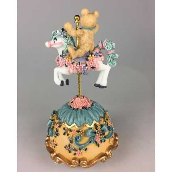 Music Box World Teddy Bear on Carousel Horse Blue