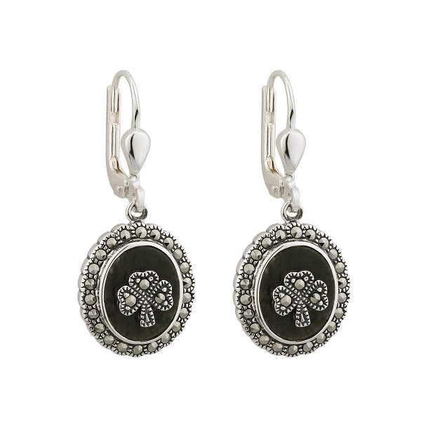 Marcasite Shamrock Connemara Marble Earrings