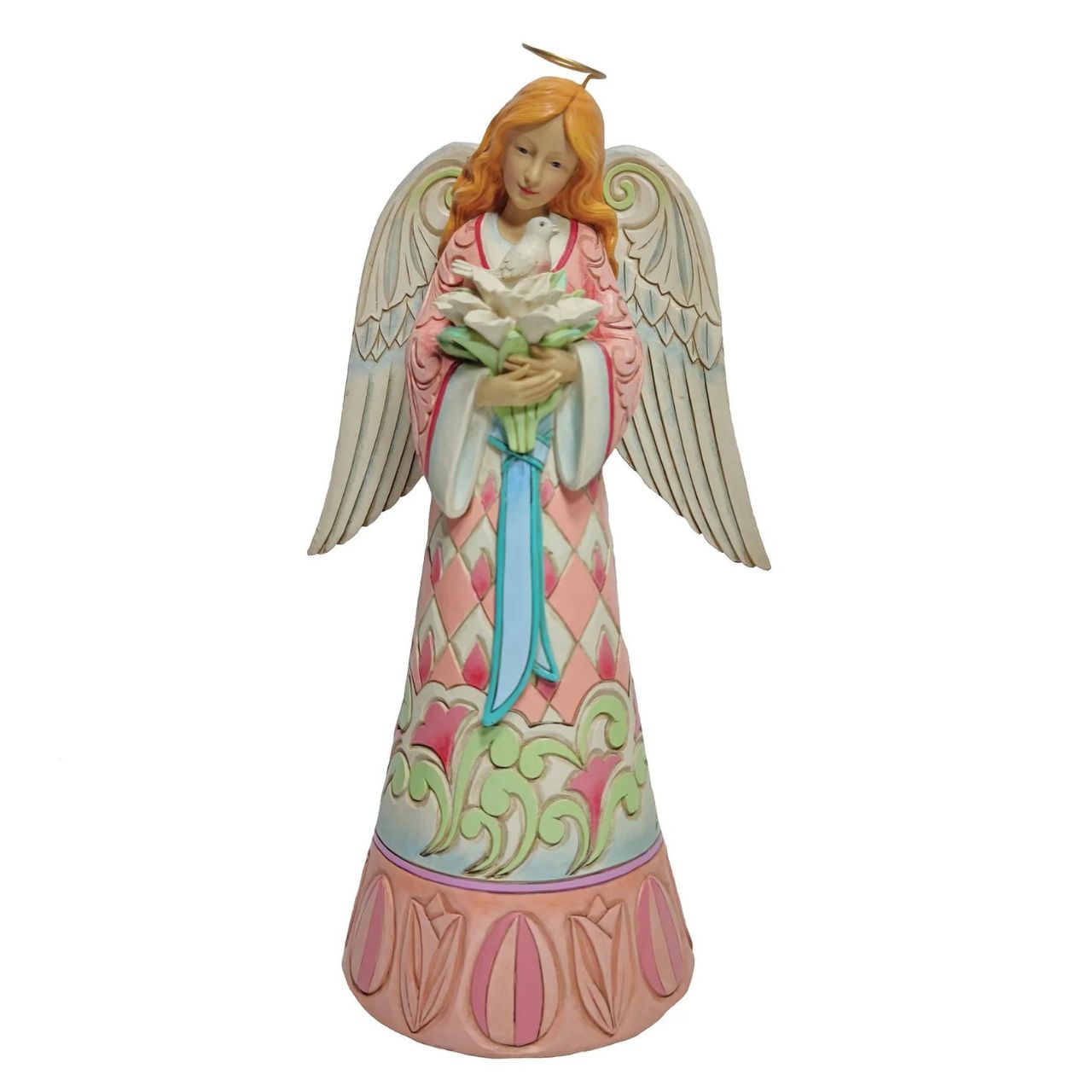 Jim Shore Angel with Easter Lilies and Doves Figurine "Easter Faith" With an armful of Easter lilies, this brightly gowned angel blesses your home this Spring with grace and love. With a dress patterned in flowers and cheery colours, she admires a dove and reflects on the great blessings the Lord delivered on Easter.