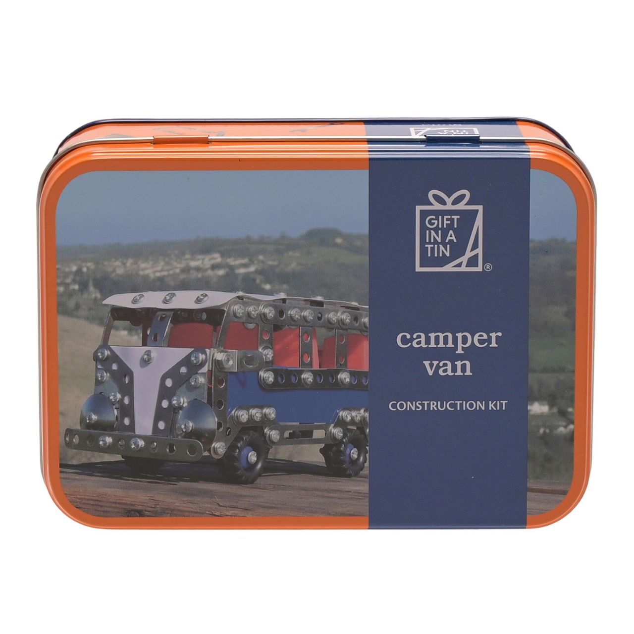 Camper Van Construction Kit - Apples To Pears Gift In A Tin A camper van construction kit from Gift in a Tin by APPLES TO PEARS®. This mind-enhancing set is perfect for any aspiring young engineer who wants to get to grips with constructing moving vehicles.