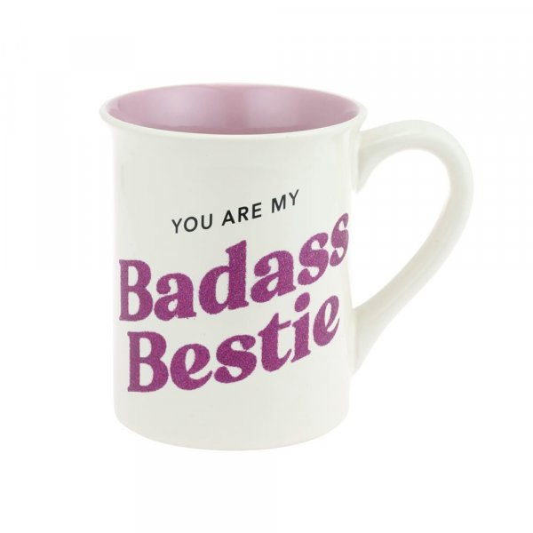 Badass Bestie Mug Stand out with your gift with our glitter lettered 'Badass Bestie' Mug. Back message reading 'we've been friends so long I can't remember which one of us is the bad influence' and the front message reading 'You are my badass bestie' in pink glitter letters featuring a pink interior.
