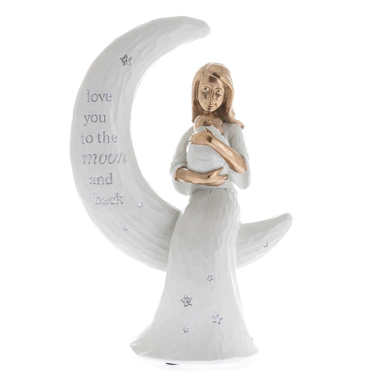 Bambino Mother And Baby Sitting On The Moon "Love You" With a neutral, elegant design, this stunning mother and baby figurine is the perfect way to celebrate the love between and mother and baby.