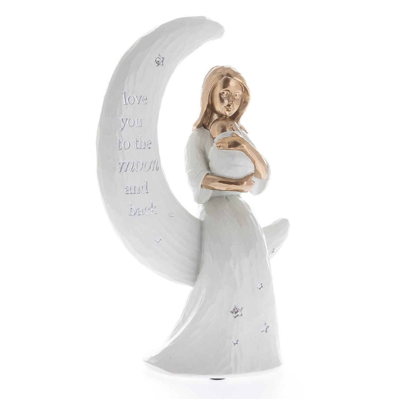Bambino Mother And Baby Sitting On The Moon "Love You" With a neutral, elegant design, this stunning mother and baby figurine is the perfect way to celebrate the love between and mother and baby.
