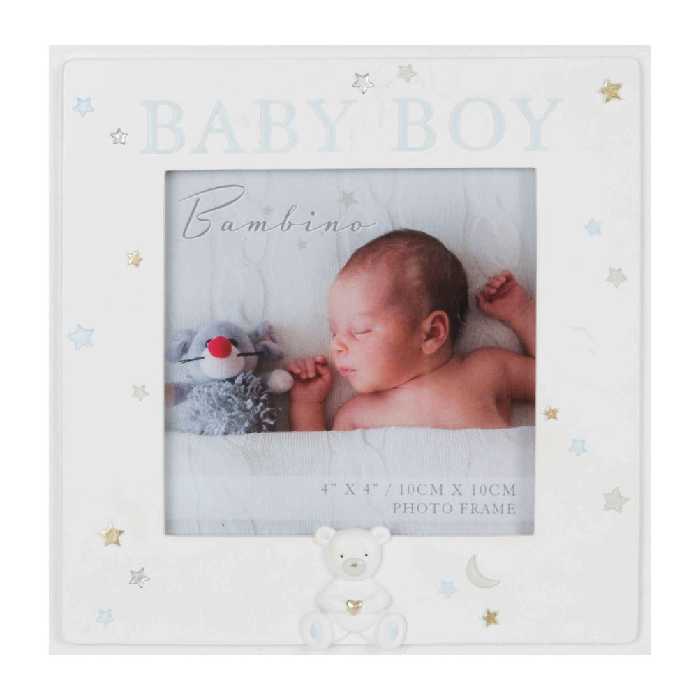 Bambino Resin Baby Boy Photo 4" x 4" Celebrate your beautiful new addition with this 4" x 4" 'Baby Boy' photo frame. From BAMBINO BY JULIANA® - keeping the earliest memories alive forever.