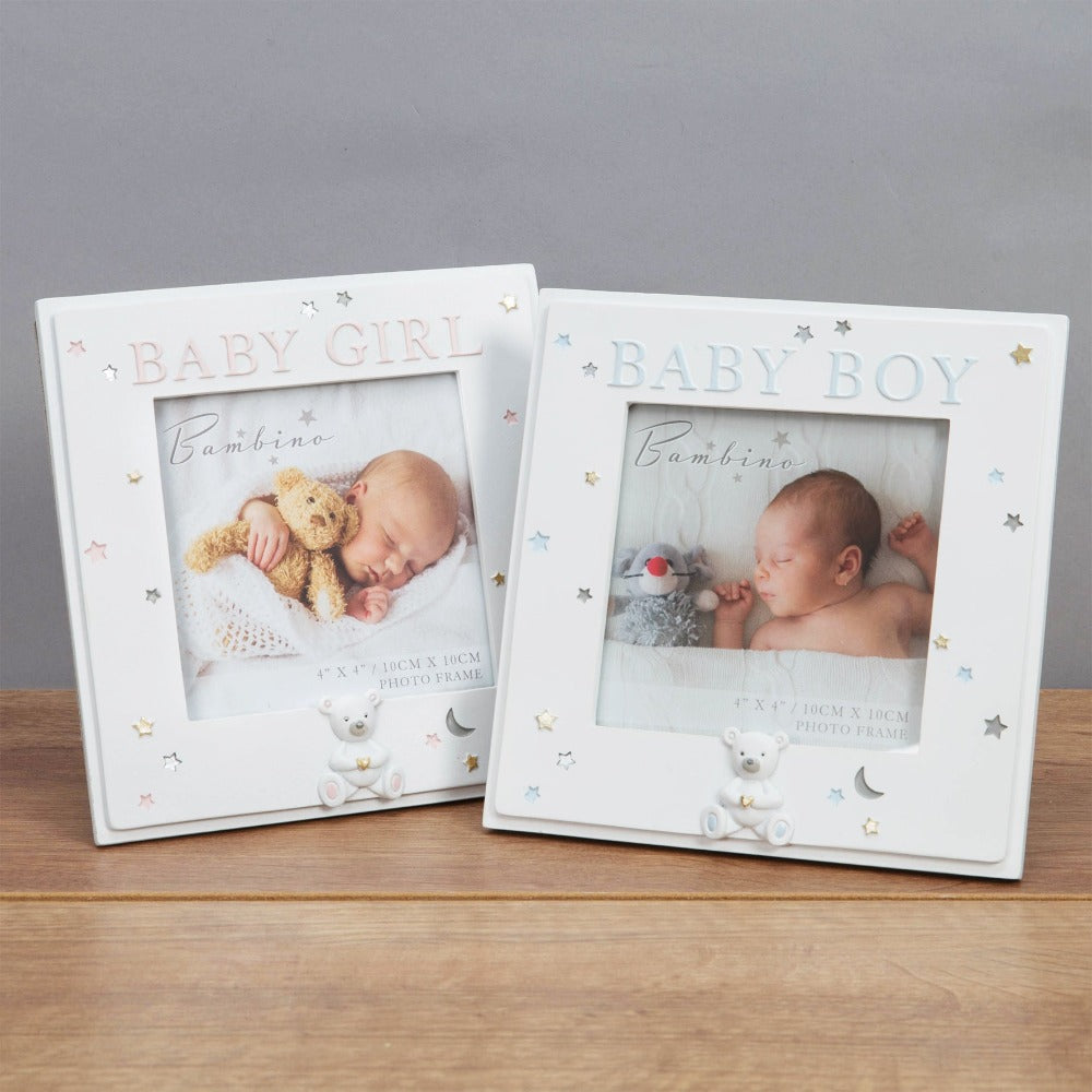Bambino Resin Baby Boy Photo 4" x 4" Celebrate your beautiful new addition with this 4" x 4" 'Baby Boy' photo frame. From BAMBINO BY JULIANA® - keeping the earliest memories alive forever.