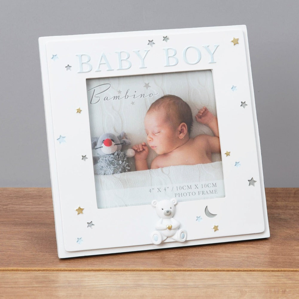 Bambino Resin Baby Boy Photo 4" x 4" Celebrate your beautiful new addition with this 4" x 4" 'Baby Boy' photo frame. From BAMBINO BY JULIANA® - keeping the earliest memories alive forever.
