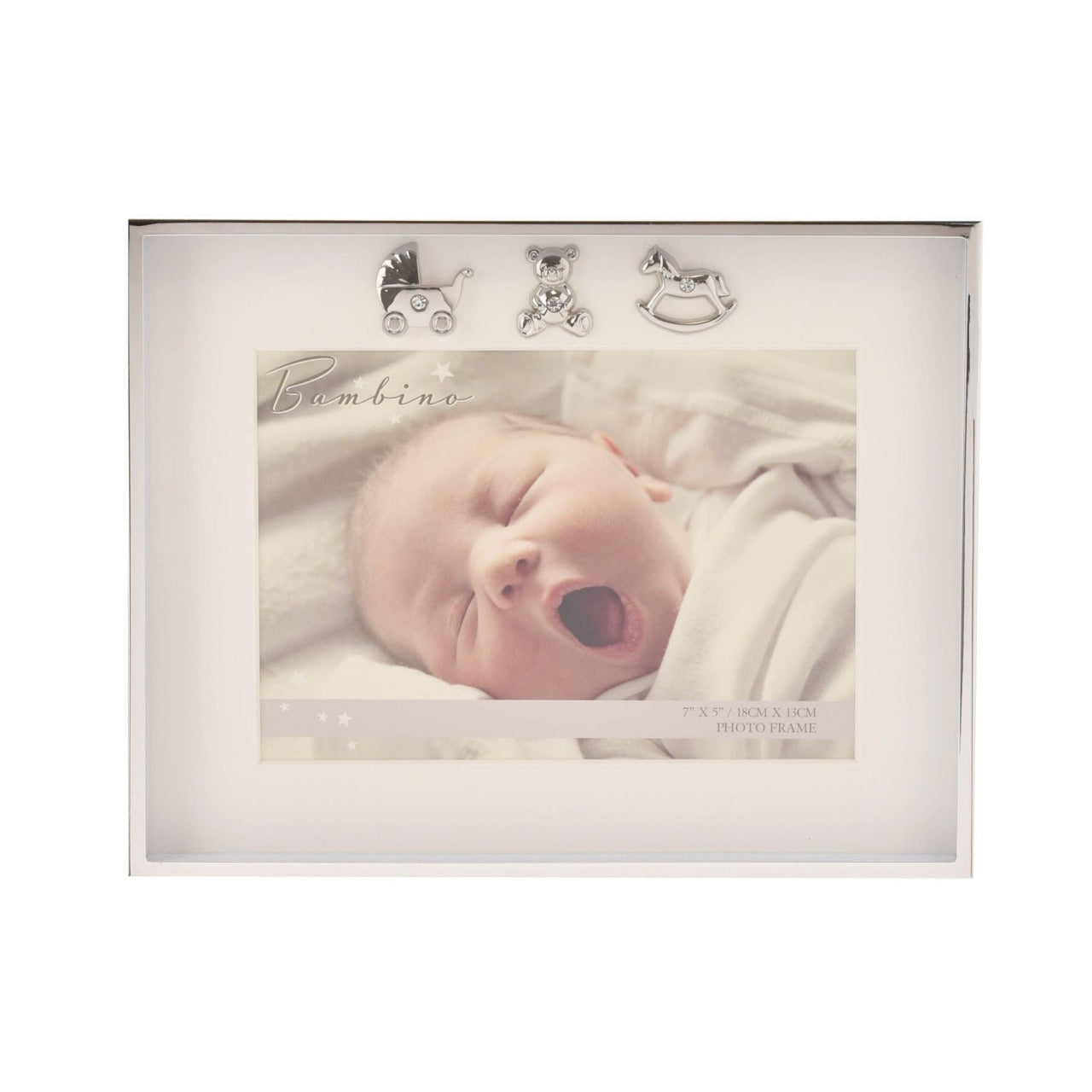Bambino Thin Silver Plated Photo Frame 7" x 5" A gorgeous 7" x 5" silver plated photo frame from BAMBINO BY JULIANA®. The box frame is embellished with crystal finished teddy bear, pram and rocking horse icons and features a crisp white mount and standing strut.