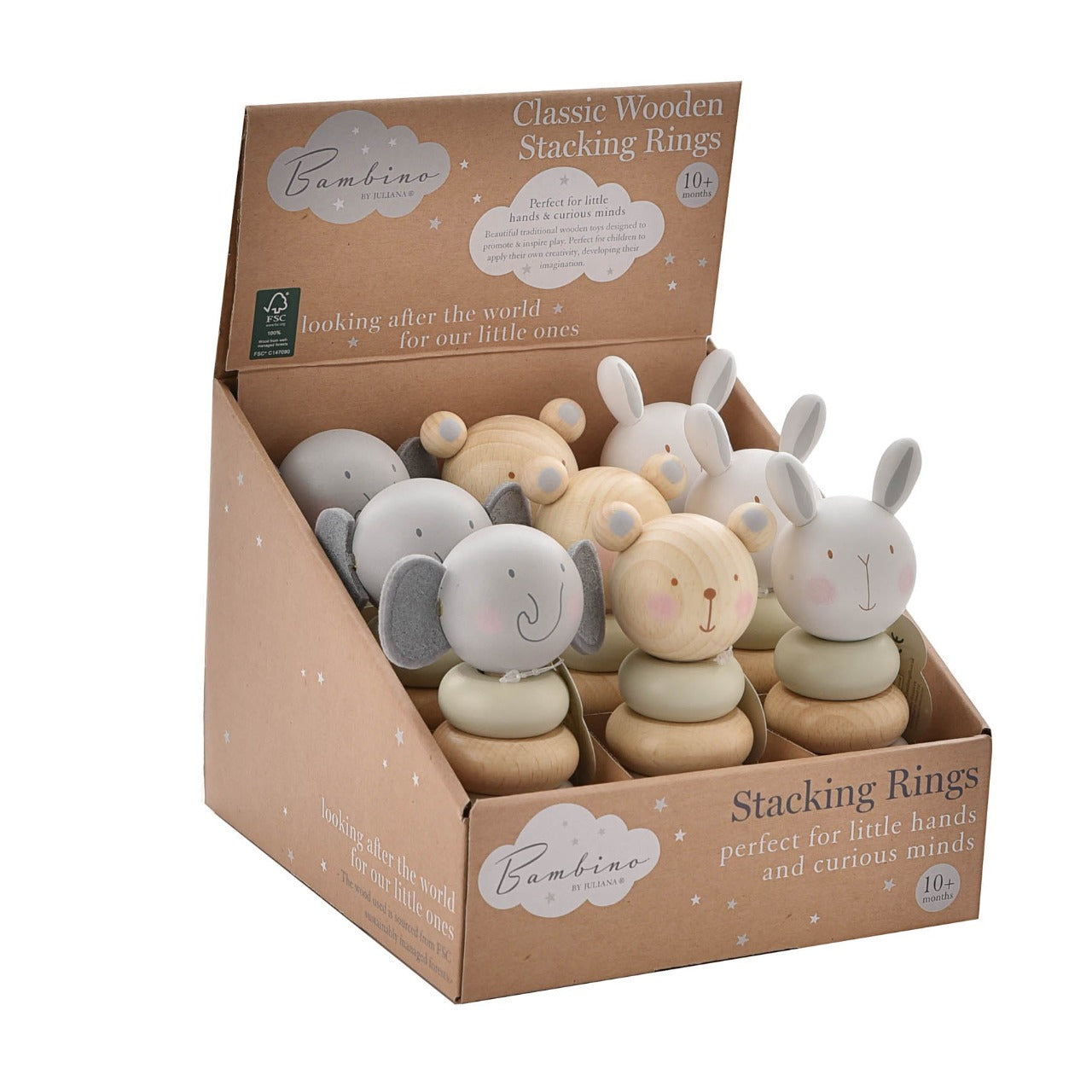 Bambino Wooden Stacking Toy Help your little one develop their problem solving and coordination skills with one of these adorable wooden character stacking ring toys. From BAMBINO BY JULIANA® - opening new eyes to a world of wonder.
