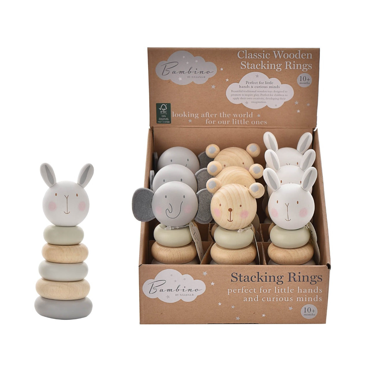 Bambino Wooden Stacking Toy Help your little one develop their problem solving and coordination skills with one of these adorable wooden character stacking ring toys. From BAMBINO BY JULIANA® - opening new eyes to a world of wonder.