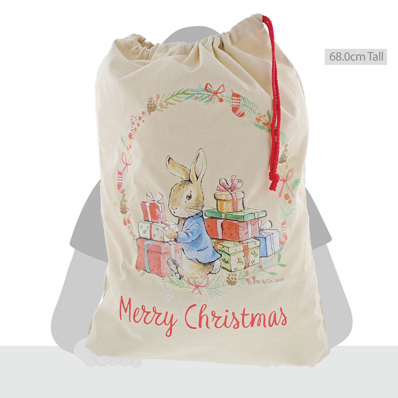 Peter Rabbit Christmas Sack This Charming Peter Rabbit Christmas sack makes a brilliant alternative to a Christmas stocking, so why not make a new tradition this Christmas. Made of 100% cotton, this Christmas sack is durable and can be used year after year. It is large enough to fit lots of presents in for Christmas morning and looks great underneath the tree.