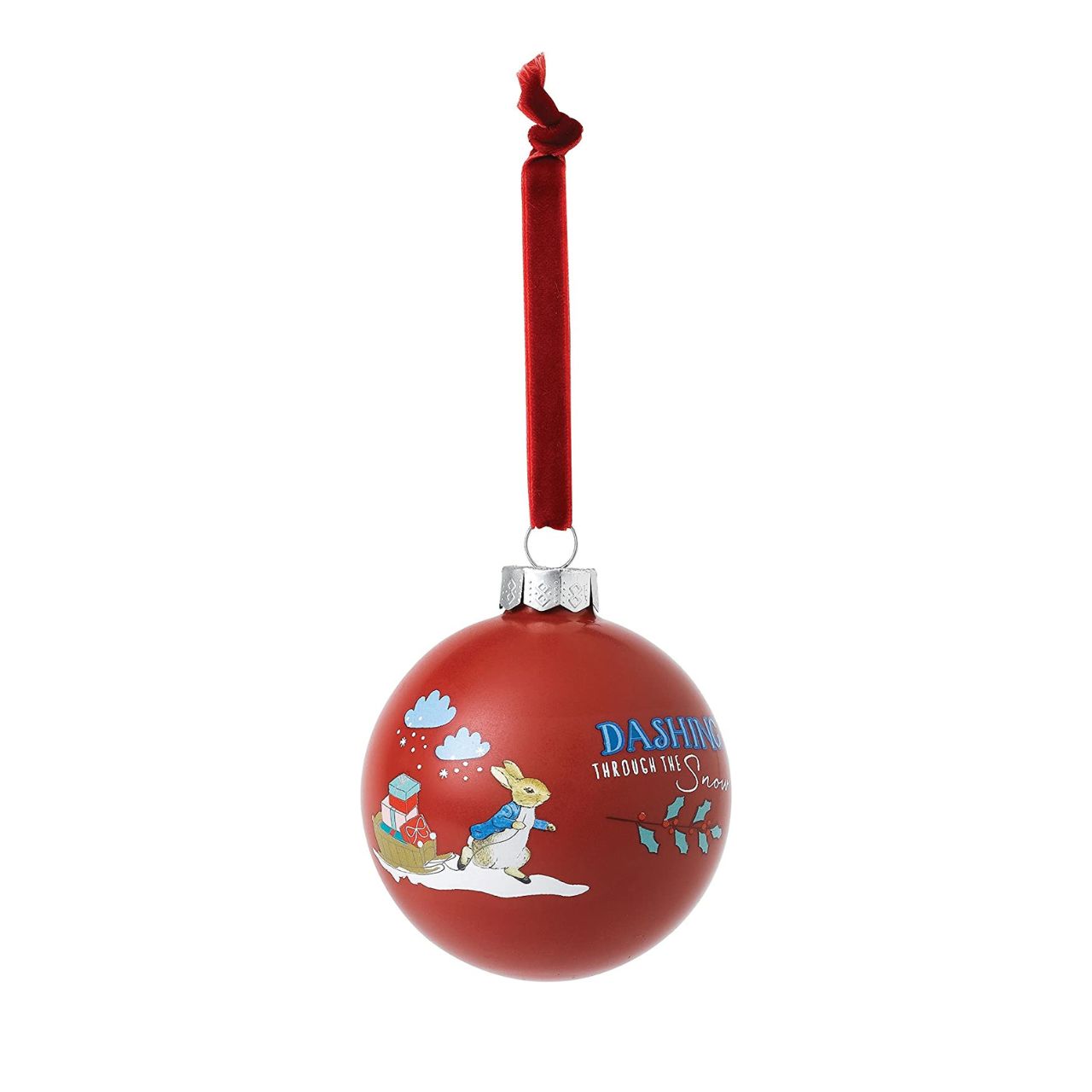 Beatrix Potter Peter Rabbit Merry Christmas Bauble  You'll be dashing through the snow with this lovely Peter Rabbit Merry Christmas Bauble. This bauble would make a treasured keepsake over the festive period, and would be take pride of place on the Christmas tree. Presented in a branded box.