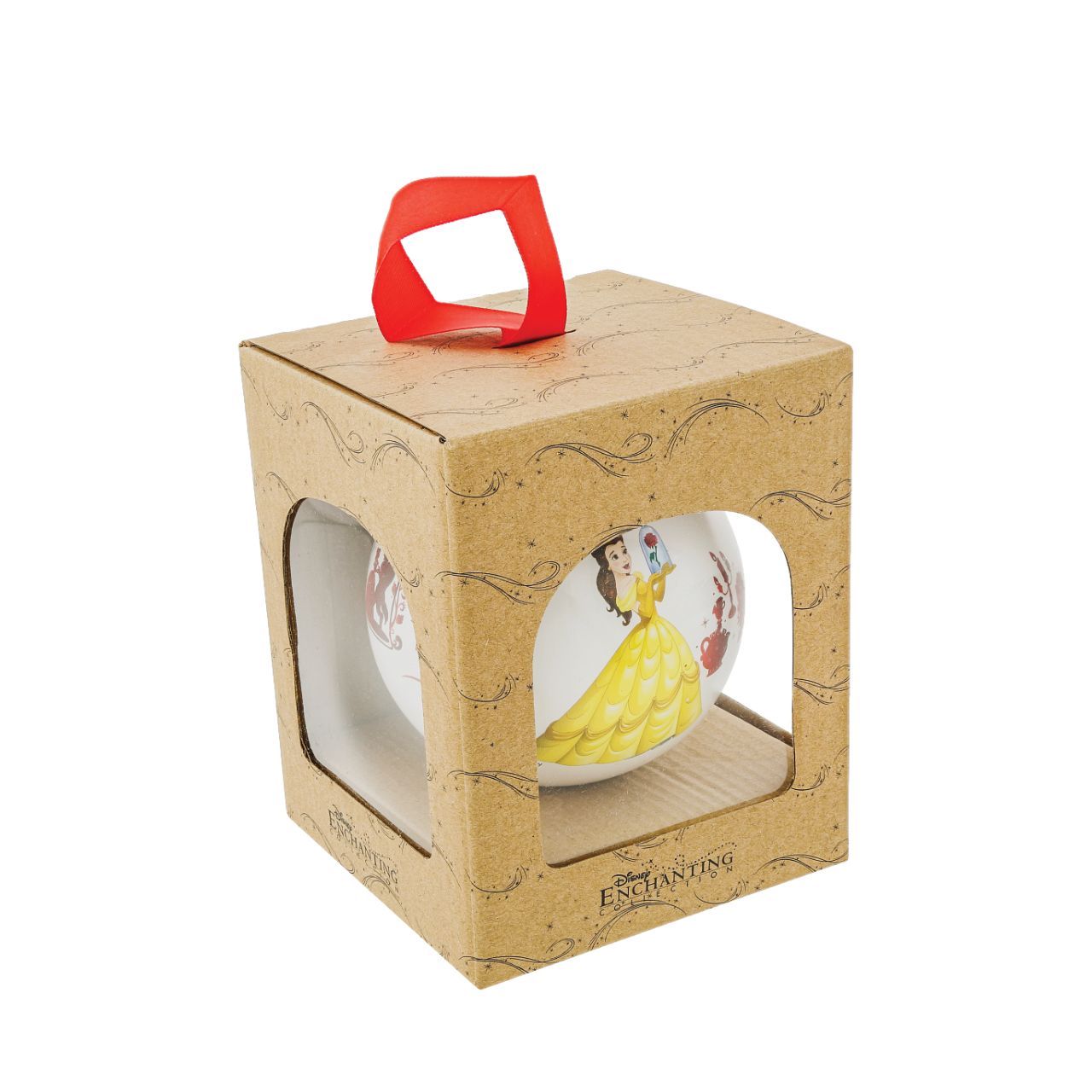 Disney Christmas Bauble Beauty and the Beast Be Our Guest Belle stands out in her yellow dress against the red iconic Beauty and the Beast silhouettes in this beautiful glass bauble. This treasured keepsake would make a lovely unique gift for a friend, or a self-purchase to brighten up the home.