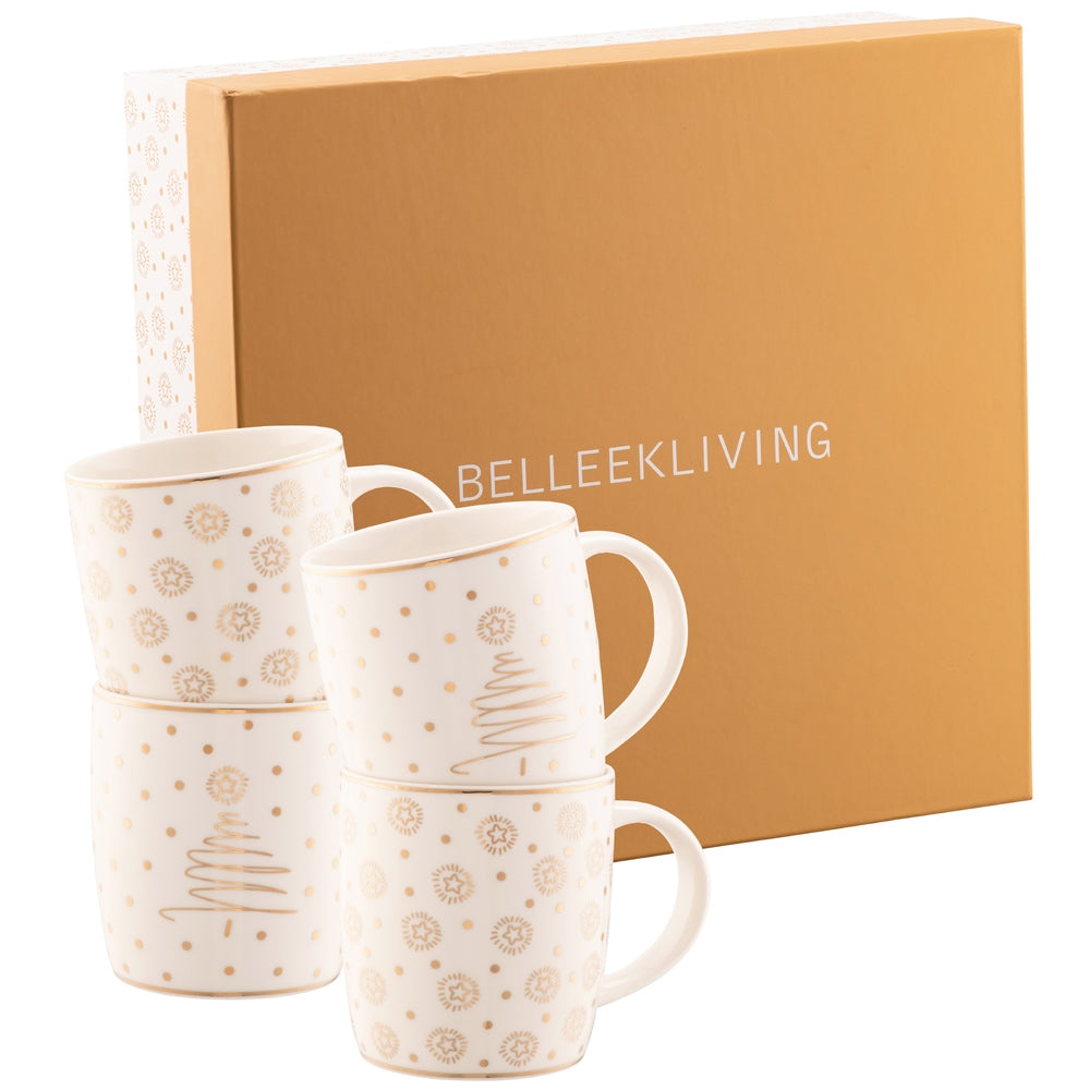 Christmas Merry & Bright 4 Piece Mug Set by Belleek Living This simplistic yet striking mug set feature mix and match motifs of stars, Christmas trees and polka dots in exquisite real gold. Fun, yet timeless these mugs come beautifully boxed in a handmade box and make a great gift or an ideal touch of sparkle in your own home.
