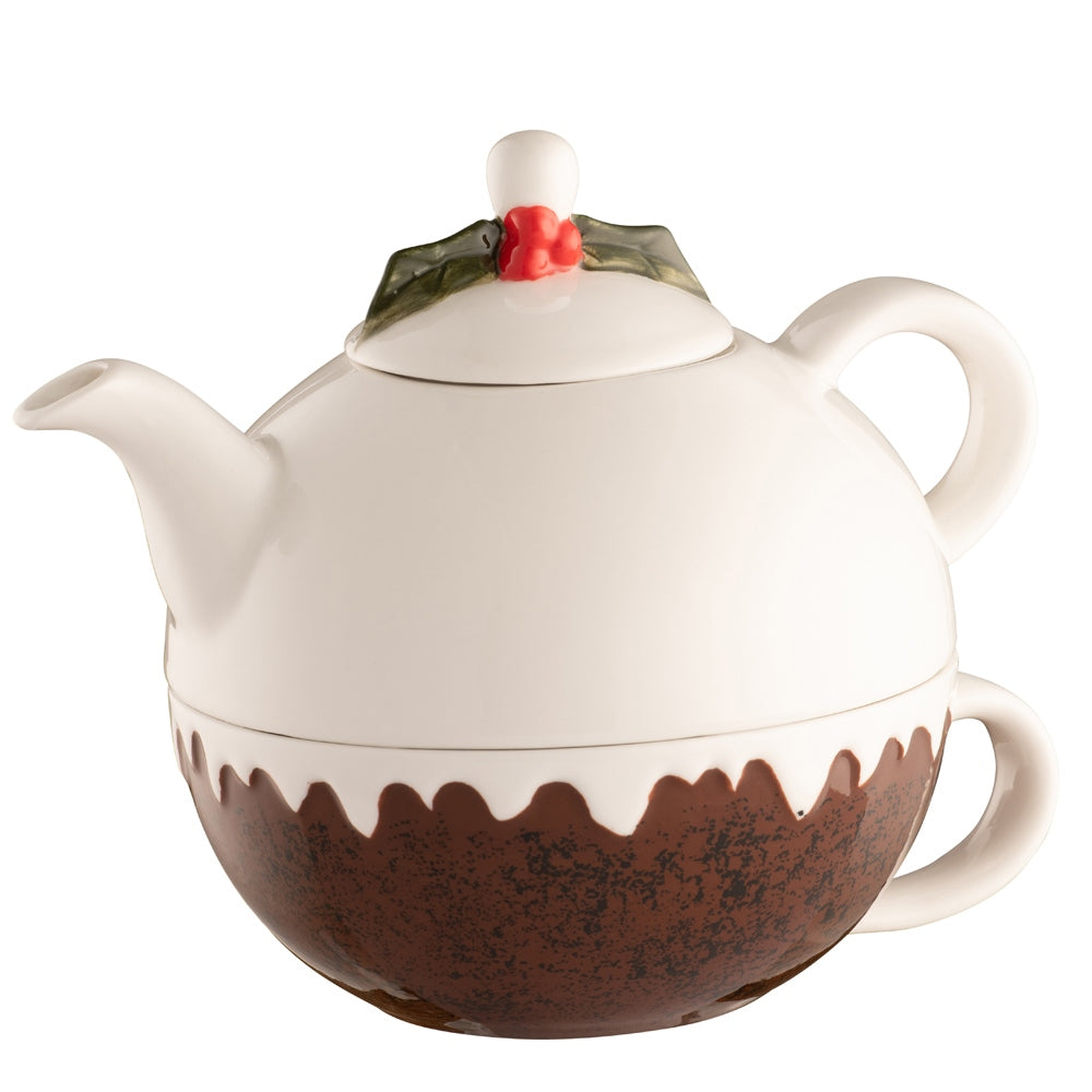 Christmas Pudding Tea for One by Belleek Living Our fun Tea for One is a new addition to our Christmas Pudding Tableware Collection. The teapot sits neatly on top of the teacup, which has holly painted inside the base.