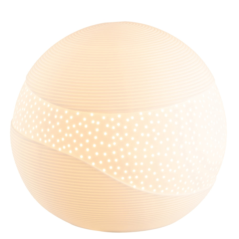 Saturn Luminaire by Belleek Living The Belleek Living Luminaire lamps emit a soft warm glow highlighting the delicate surface decoration and piercings, creating beautiful mood lighting for your home.