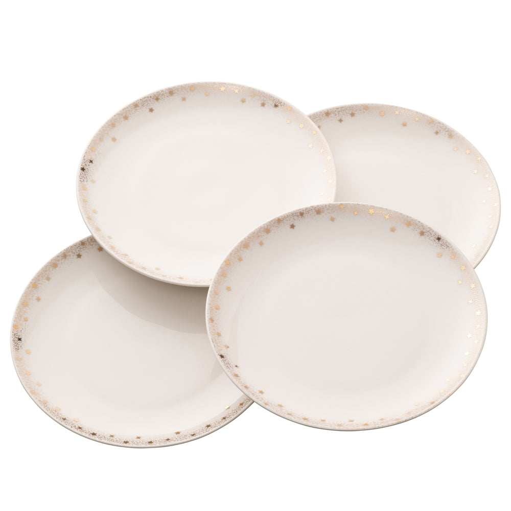 Christmas Stardust Set of 4 Tea Plates by Belleek Living Stardust features contemporary coupe shapes and a delicately stippled gold band with scattered gold accent stars adorning the edge. This set of 4 Tea Plates feature a subtle and elegant with a whimsical twist; the ideal pattern to add a bit of understated sparkle to any table for a special occasion.