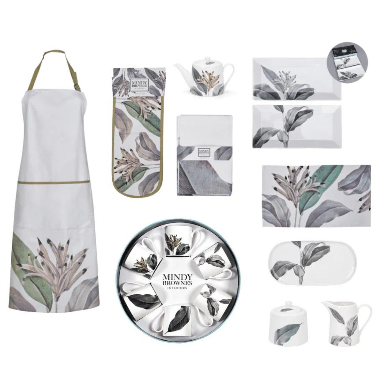 Birds of Paradise Apron by Mindy Brownes Interiors A beautiful apron inspired with classic shades of green, gold & grey. - Ideal house warming gift, new home, birthday or general occasion. - Part of the Birds Of Paradise Collection.