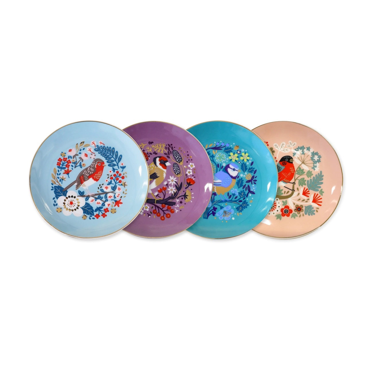 Tipperary Crystal Birdy Biscuit Plates Set of 4 Birdy biscuit plates – Bluetit, Bullfinch Goldfinch and Robin. Set of 4 bone china 15 cm The Birdy Collection is a series of 6 exclusively commissioned illustrations inspired by native Irish birds; Bullfinch, Goldfinch, Blue tit, Greenfinch, Kingfisher and Robin.