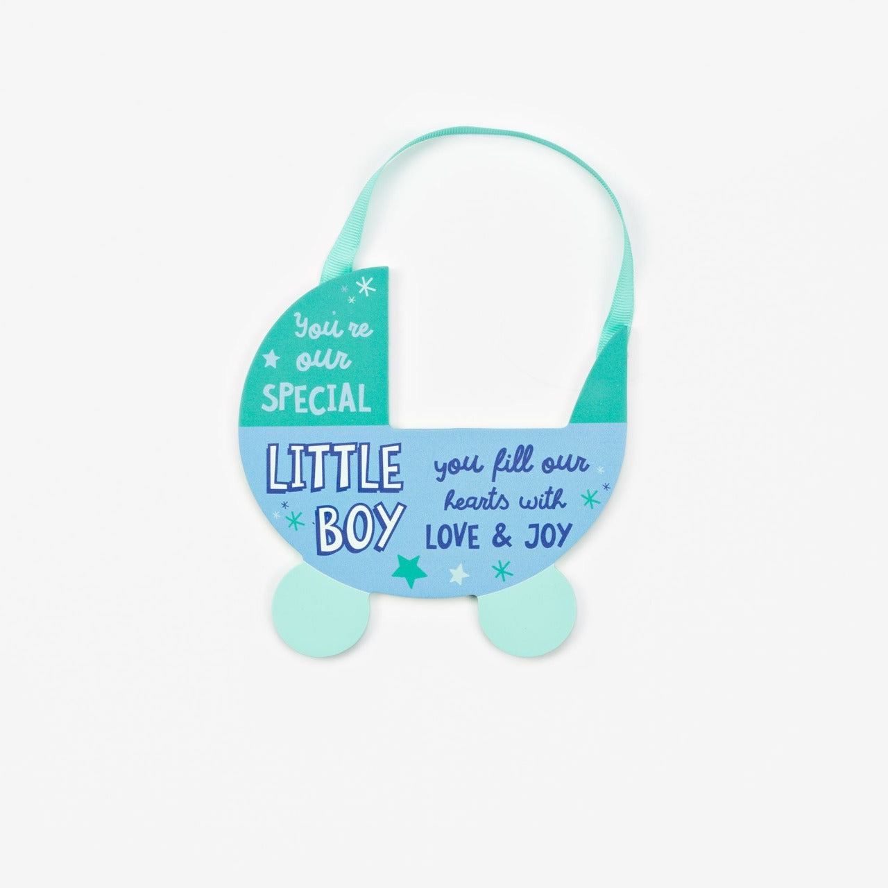 Blue Pram Hanging Plaque - Little Boy Want to show someone you care? Then why not gift this ‘Little Boy’ bright, uplifting and cheerful pram plaque as a token of your love.