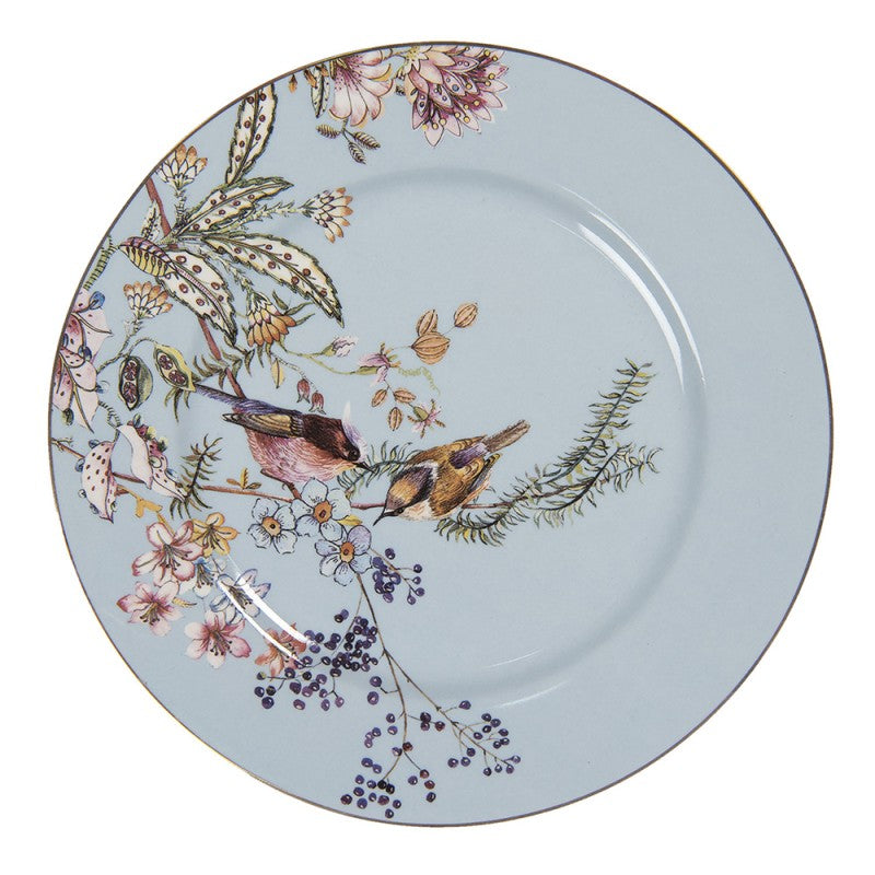 Clayre & Eef Blue Romantic Crockery Breakfast Plates 20 cm Blue Ceramic Birds Flowers Round Crockery Breakfast Plates Ø 20*2 cm