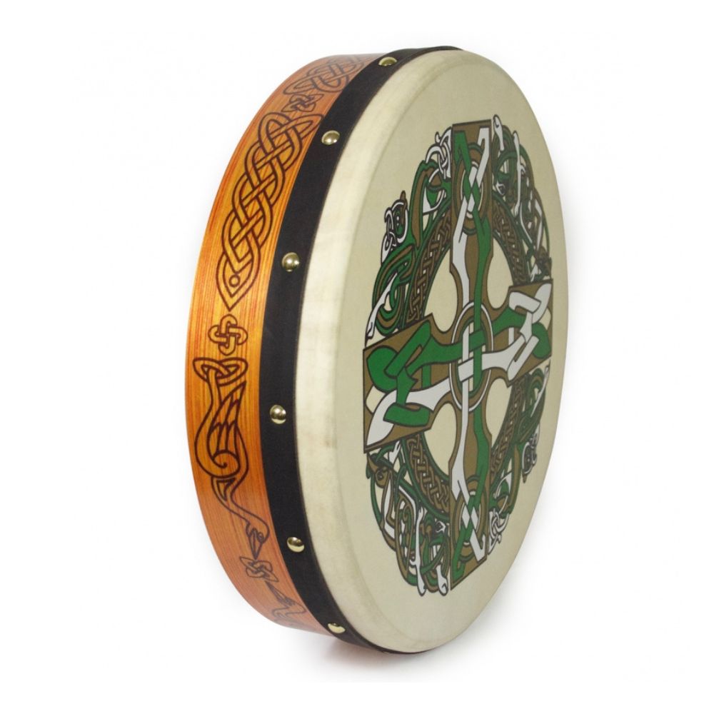 Waltons 15" Celtic Pyrographic Design Bodhran Bodhrán is one of Irelands traditional percussive instruments. The Walton's design bodhráns include a hardwood Waltons beater. The 12" bodhráns are suitable for beginners or children. Handcrafted in Ireland from the finest wood and real goatskin.